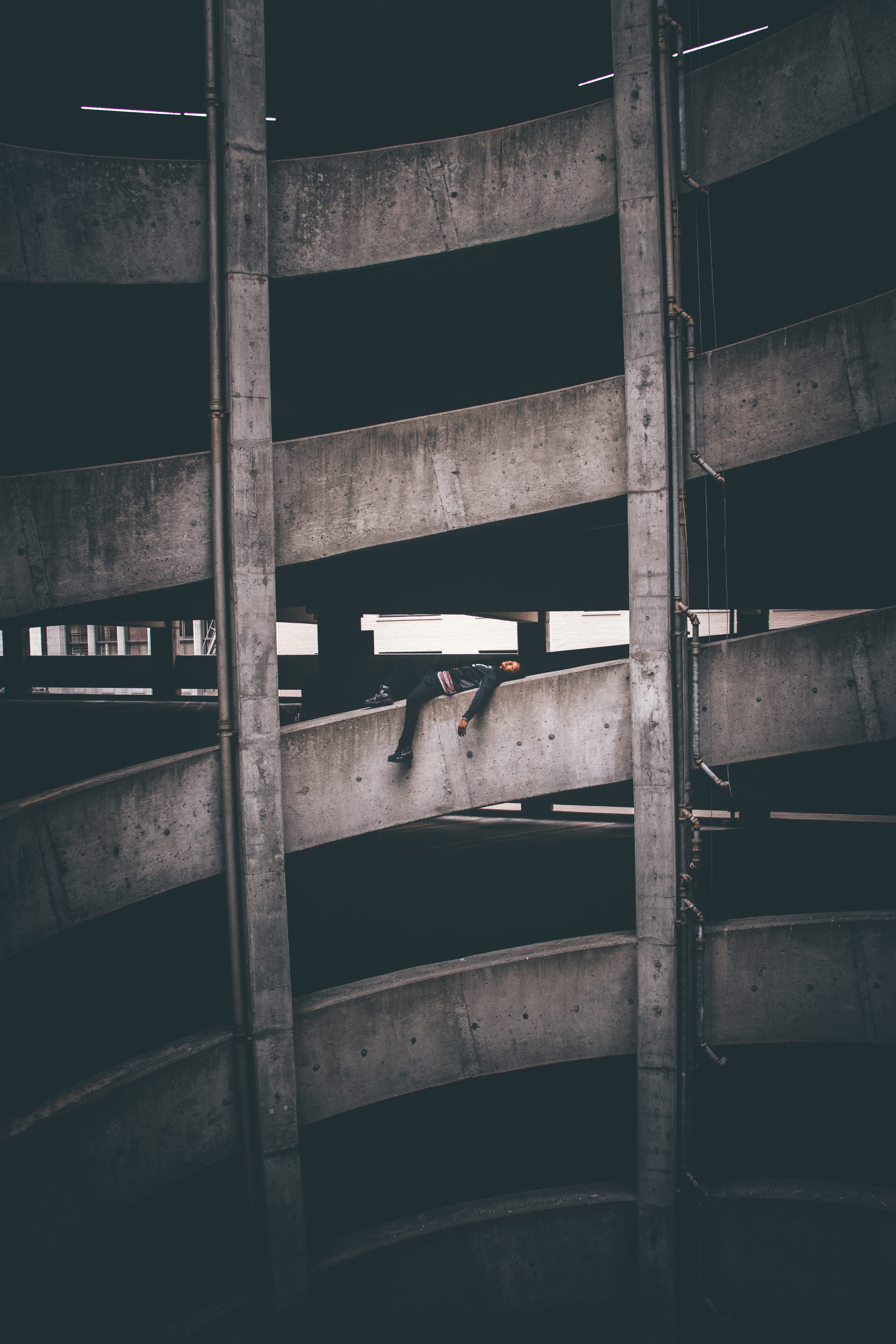 lying, laying down, daytime, indoors, abandoned, geometric, building, black And White, concrete, factory, outdoors, pattern, no People, parking, rusty, Phone HD Wallpaper