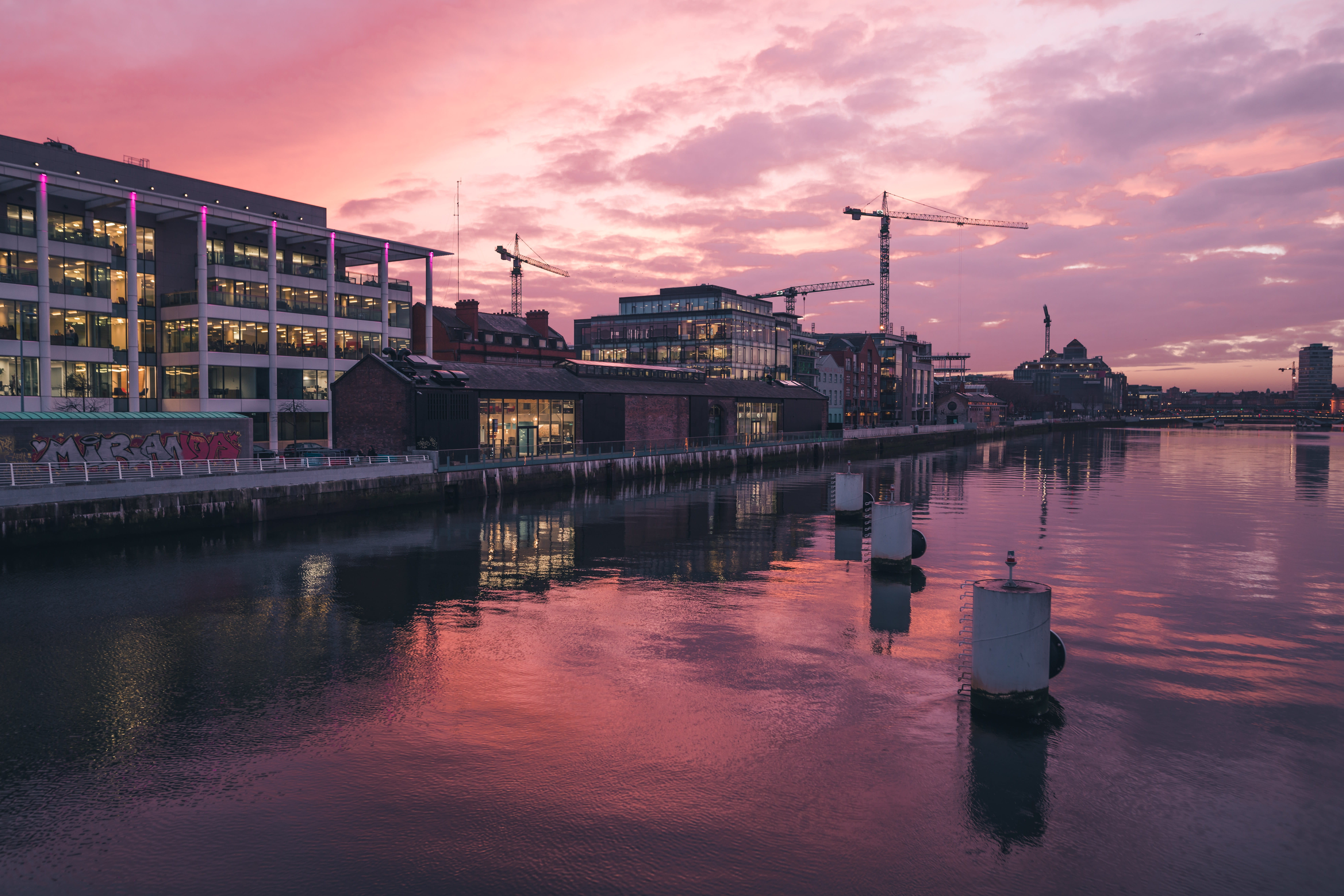 sea, street, urban, sky, building, factory, industry, water, sun, river, outdoors, nature, building exterior, cranes, built structure, sunset, ireland, HD Wallpaper