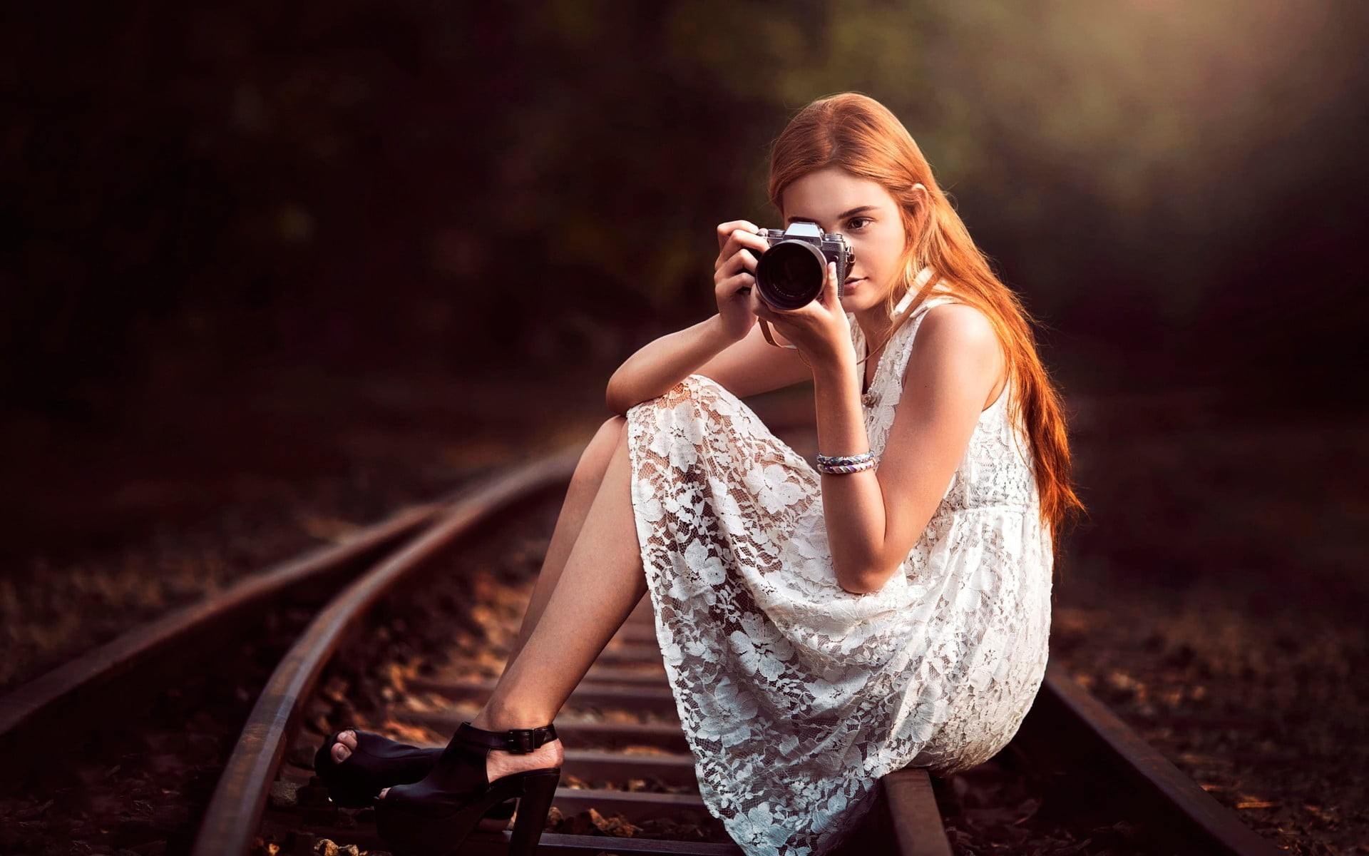 high heels, depth of field, women, railway, rail transportation, young women, beauty, one person, model, hair, blond hair, hairstyle, sitting, railroad track, HD Wallpaper