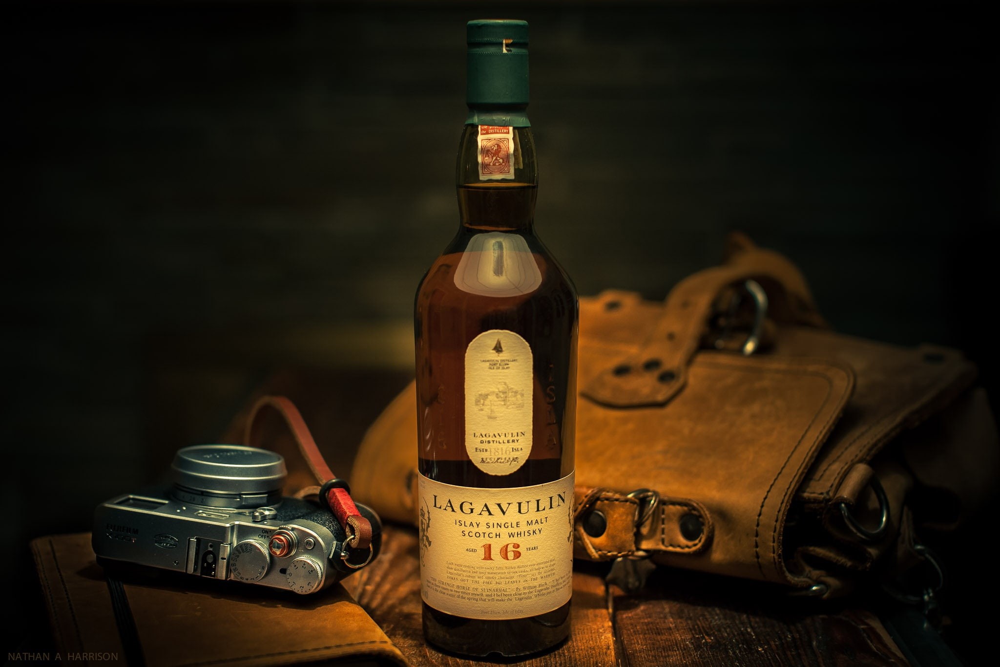 Whisky, Still life, Fujifilm x100t, Scotch, 1080P, Bag, bottles, Lagavulin, camera, alcohol, HD Wallpaper