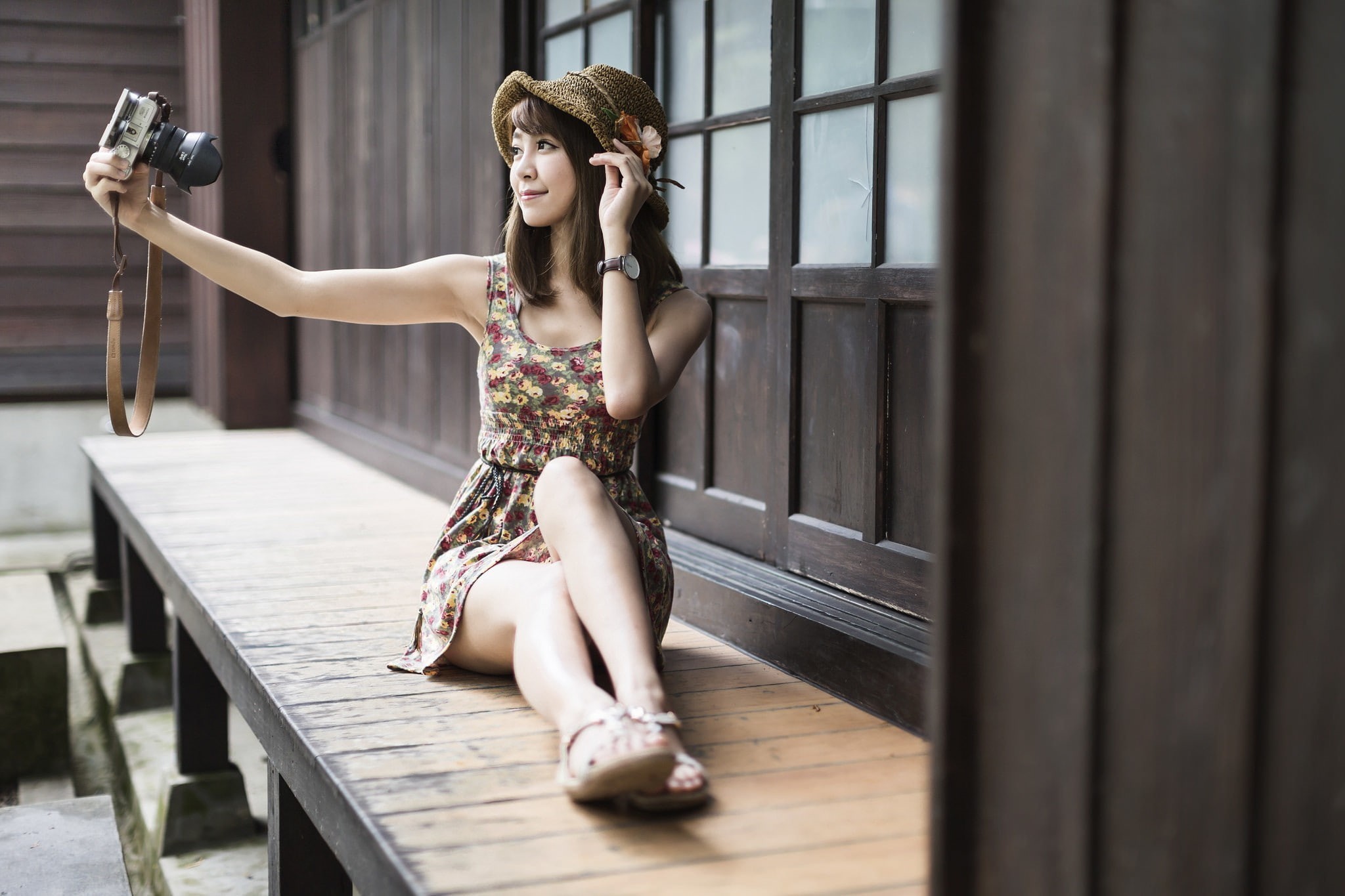 1080P, dress, Asian, fujifilm, smiling, house, hat, model, camera, women, HD Wallpaper