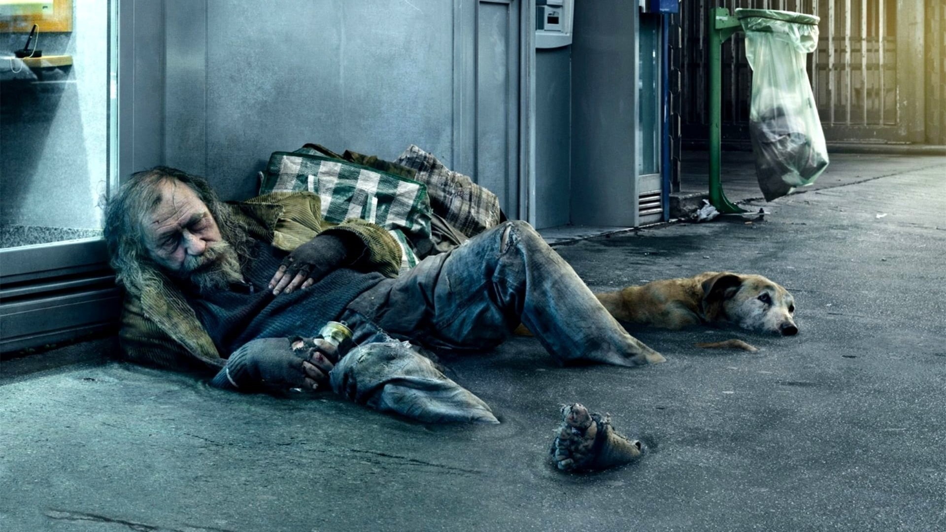blue, dog, photo manipulation, dirt, jeans, canine, lying on side, homeless, resting, day, men, old people, lying down, sleeping, domestic, relaxation, HD Wallpaper