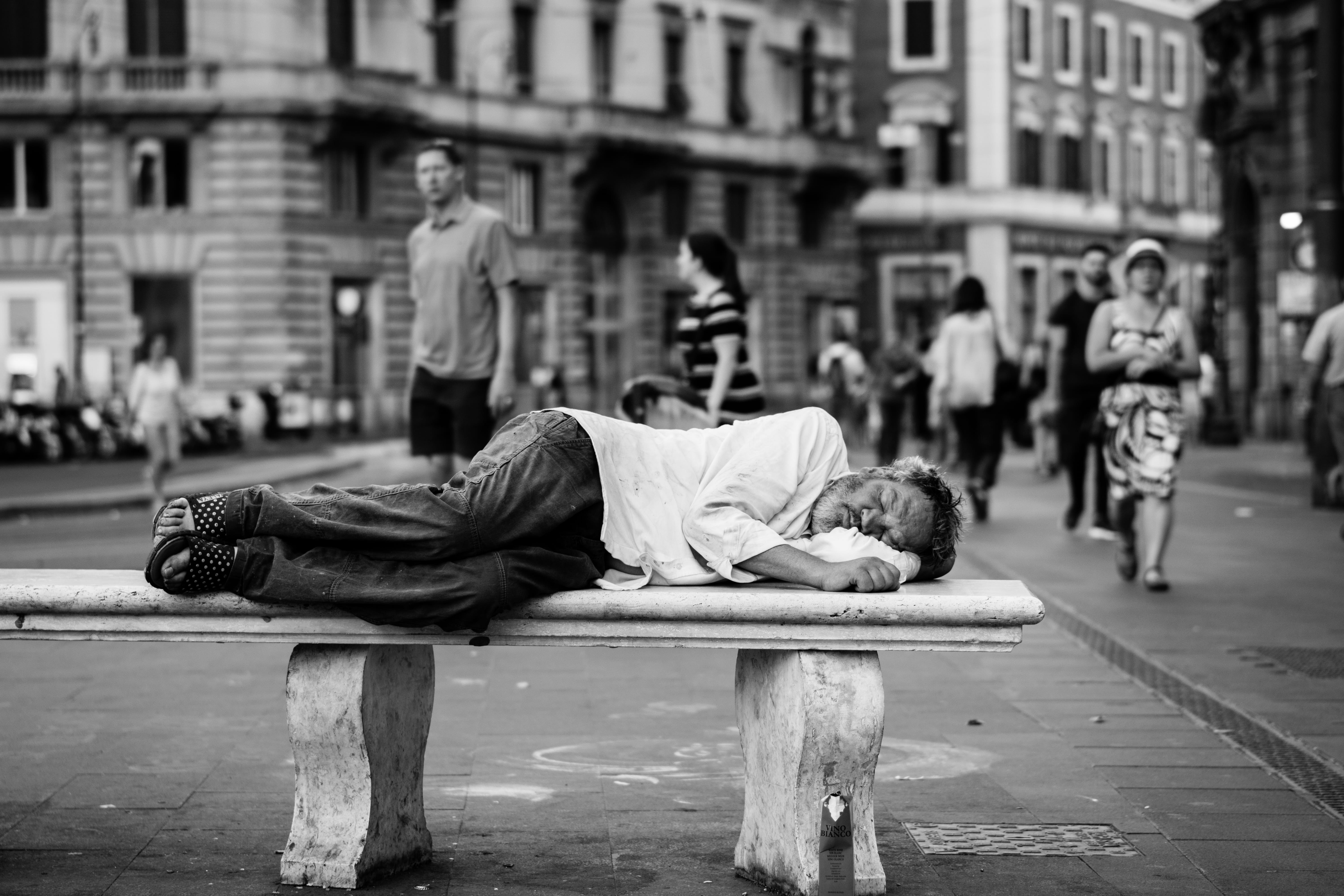 street photography, male, roma, homeless, people, one person, human, man, full length, city, men, poverty, 5K, bench, street, monochrome, seat, building exterior, HD Wallpaper