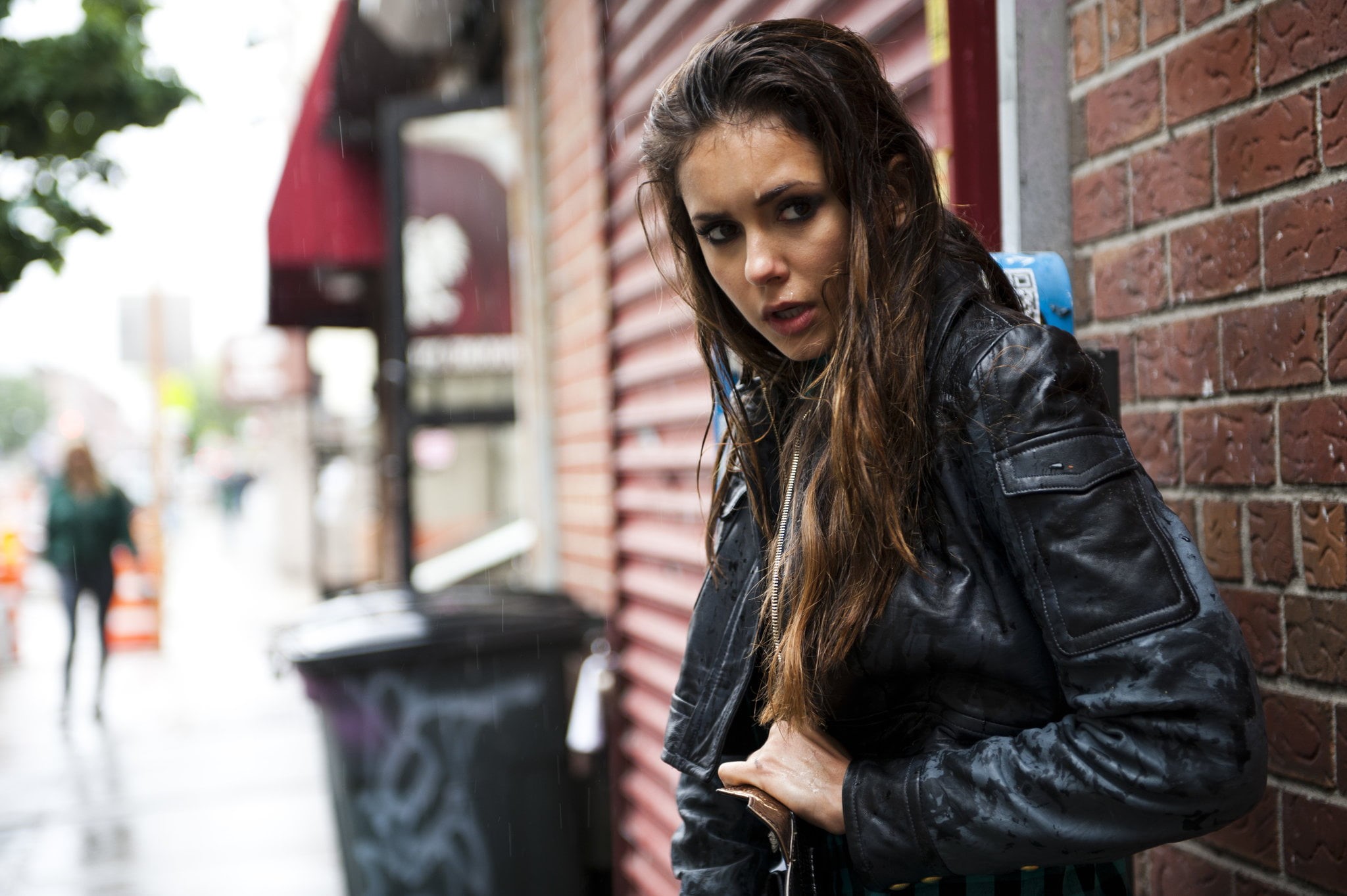 loneliness, city, homelessness, for the book, human Face, sadness, lifestyles, photographer, Nina Dobrev, standing, portrait, wet, look, brick, leather Jacket, HD Wallpaper