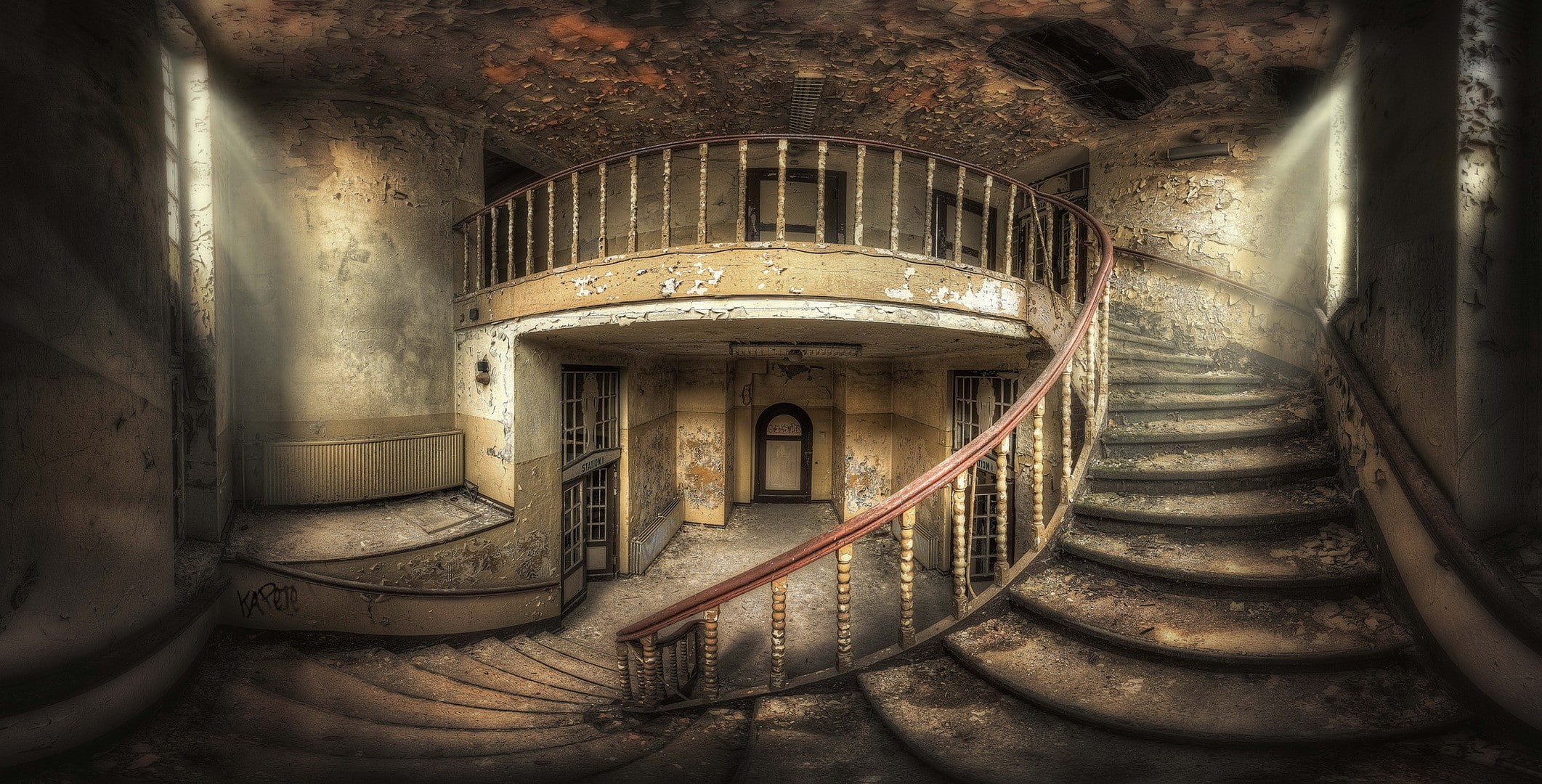 direction, staircase, building, indoors, abandoned, stairs, fisheye lens, door, built structure, sunlight, interior, illuminated, wall - building feature, HD Wallpaper