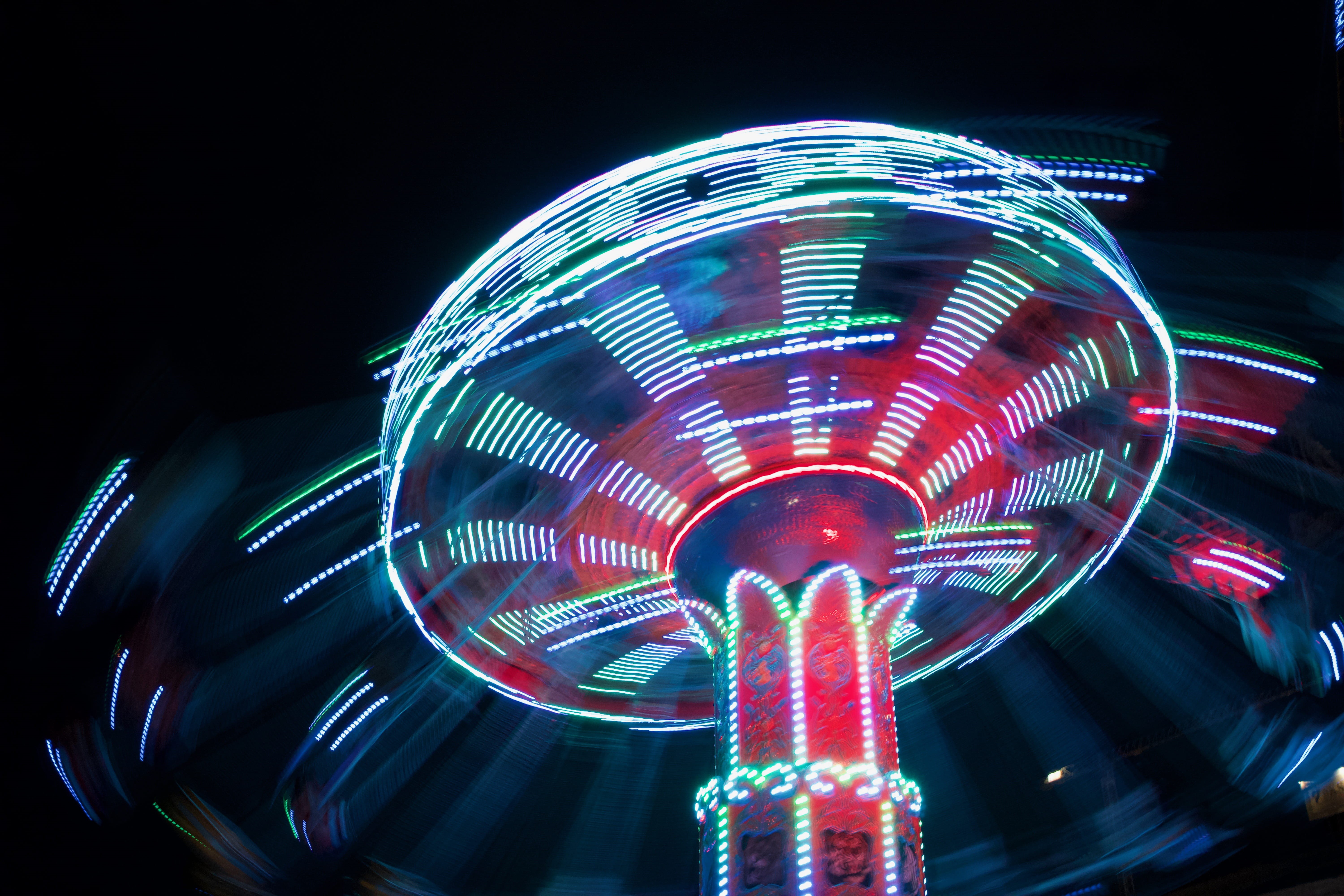 speed, lighted, red, ferris wheel, no people, neon, illuminated, spinning, festival, carousel, green, arts culture and entertainment, carnival, abstract, HD Wallpaper