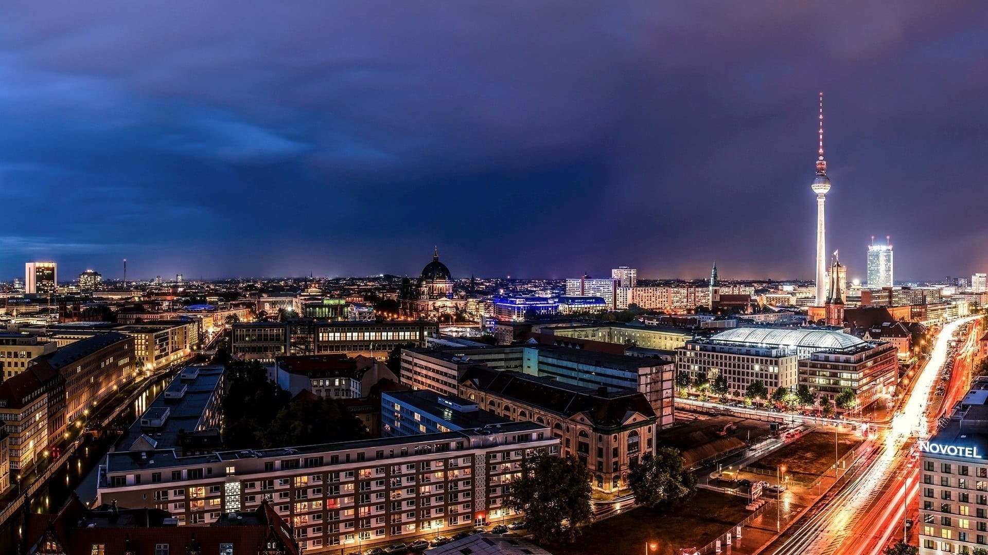 building exterior, tourism, antenna, street, tower, night, space, building, needle, Berlin, cathedral, no people, outdoors, office building exterior, Germany, HD Wallpaper