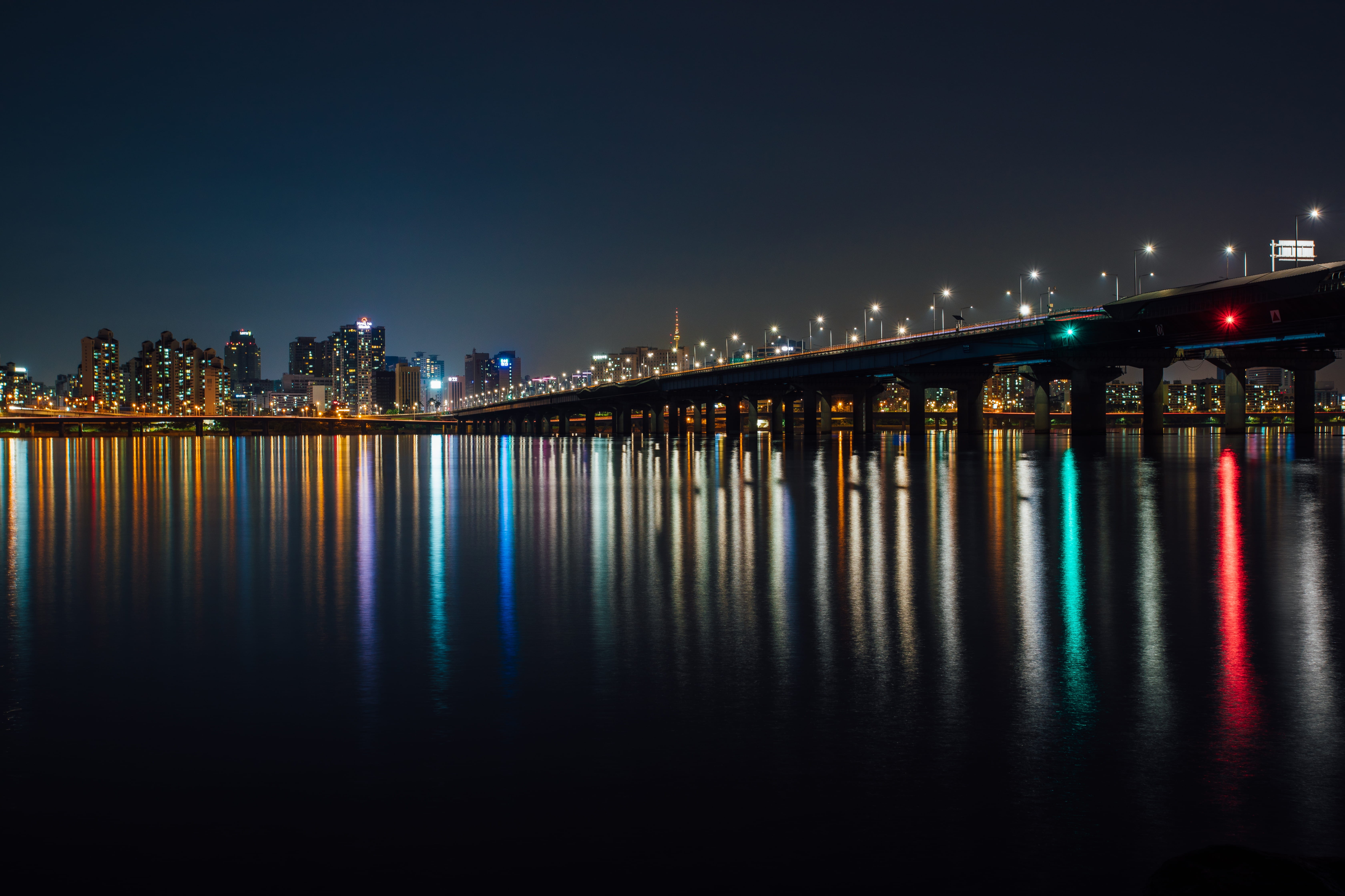 evening, korea, city, scenic, nighttime, bridge, architecture, lighted, reflection, connection, buildings, cityscape, light, 5K, bridge - man made structure, HD Wallpaper