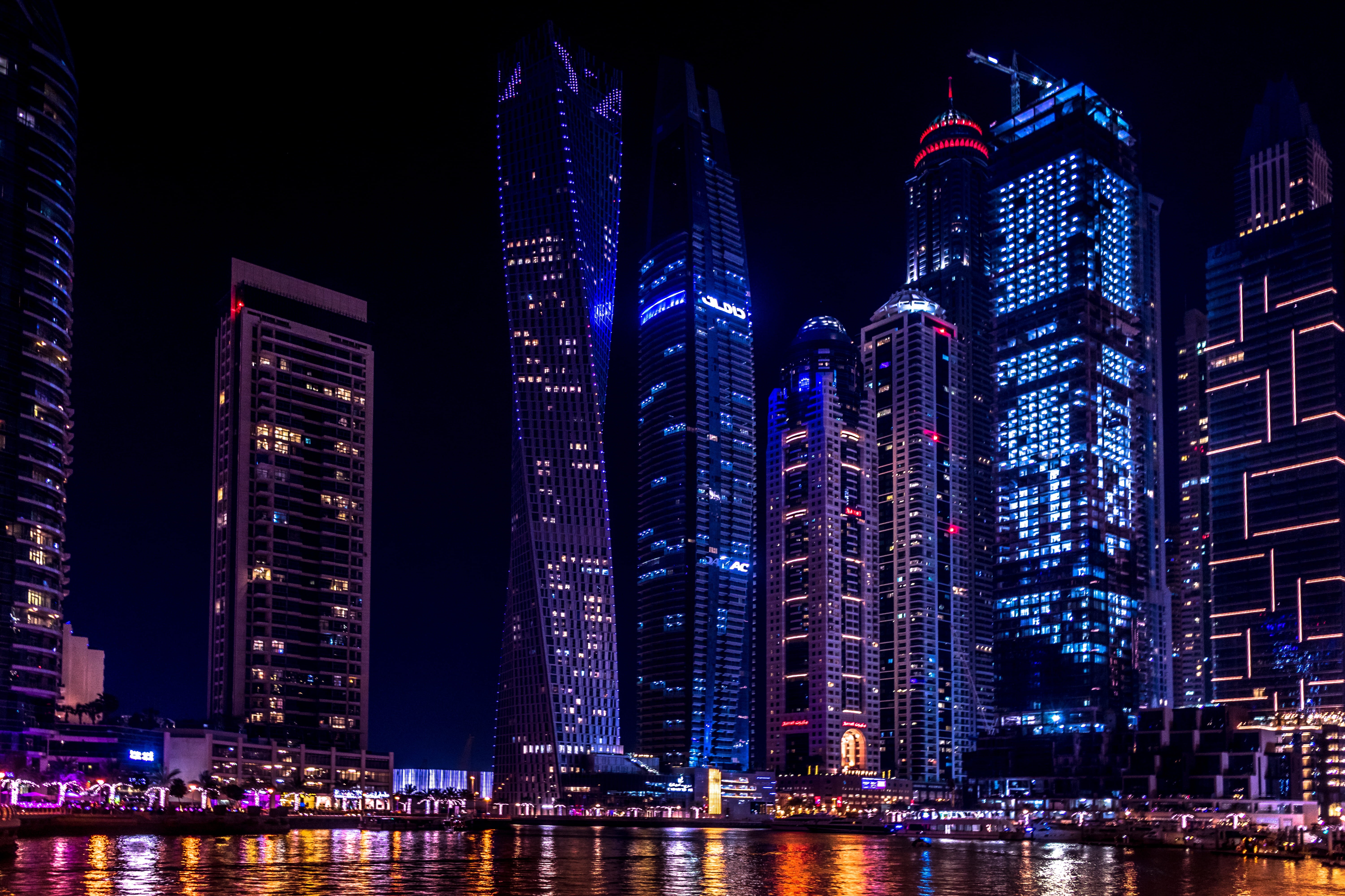 marina, dubai, lights, no people, Dubai Marina, nighttime, 5K, illuminated, downtown district, twisted, buildings, building, cityscape, residential district, HD Wallpaper