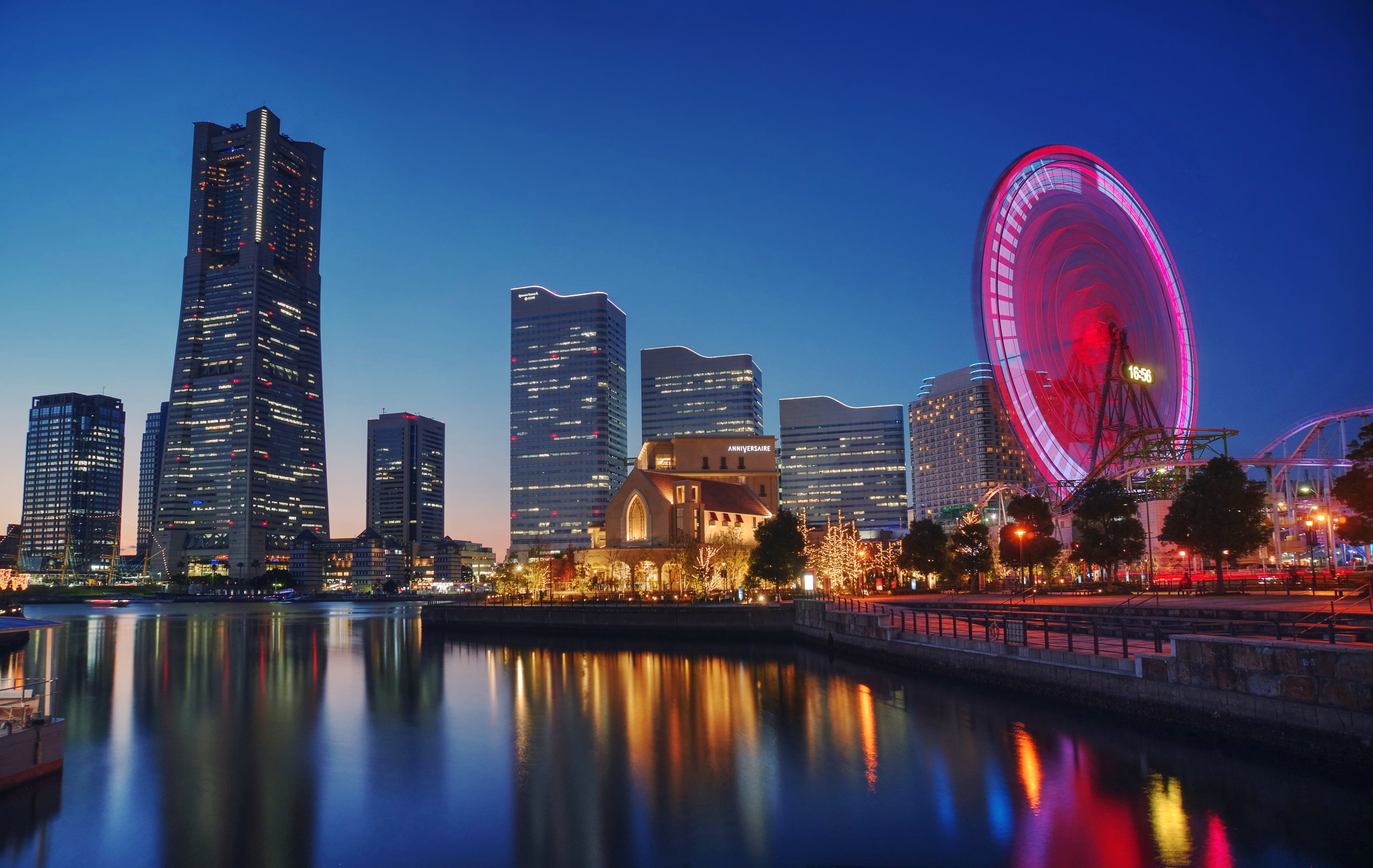 ク, waterfront, asia, famous Place, blue hour, downtown, serene, cityscape, wet, Yokohama  Japan, Quality, architecture, city, Ferris Wheel, skyline, night, HD Wallpaper