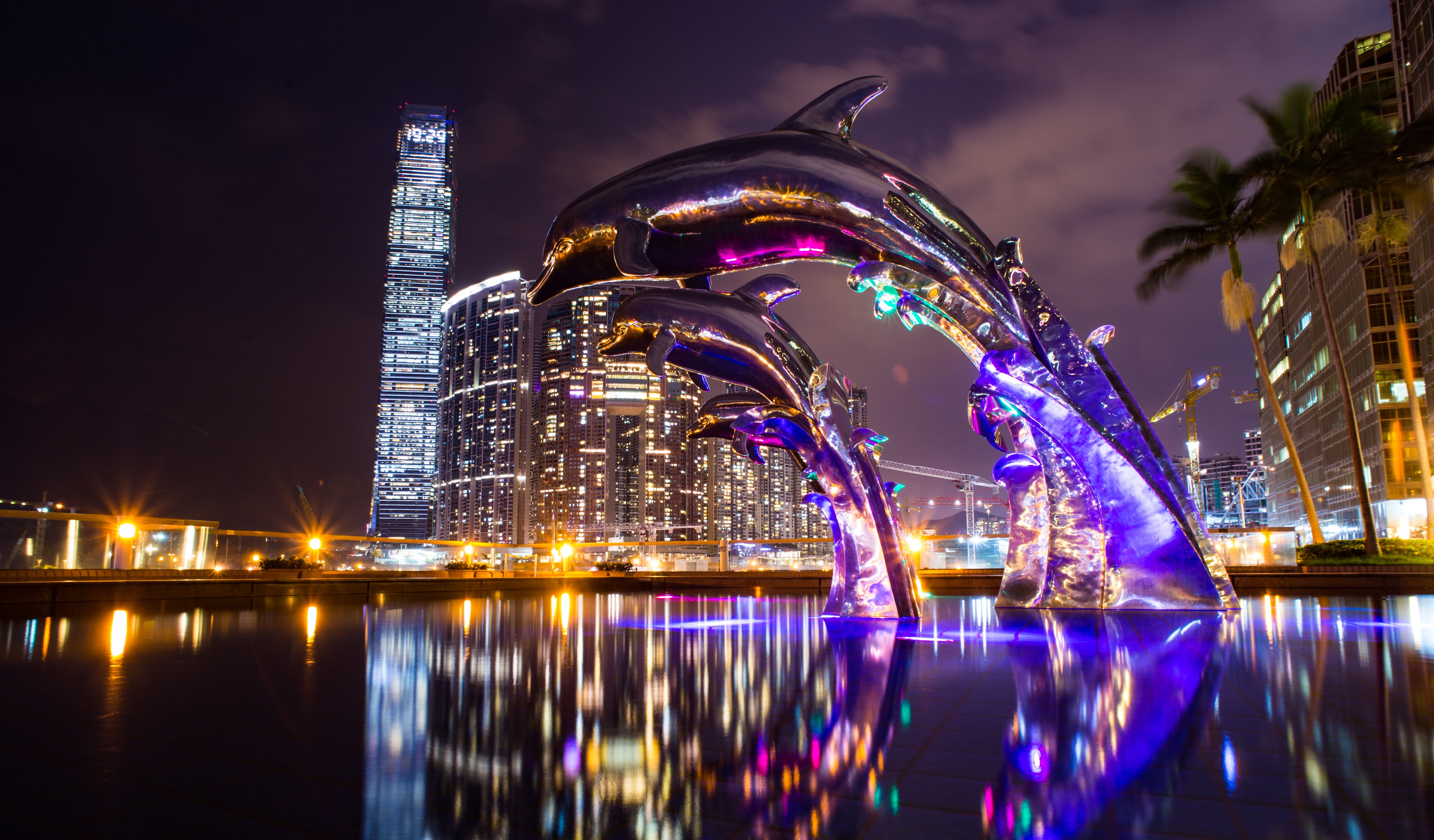 built structure, city lights, neon, dolphins, tower, asia, buildings, landscape, building, new years eve, city life, outdoors, reflections, skyscraper, HD Wallpaper