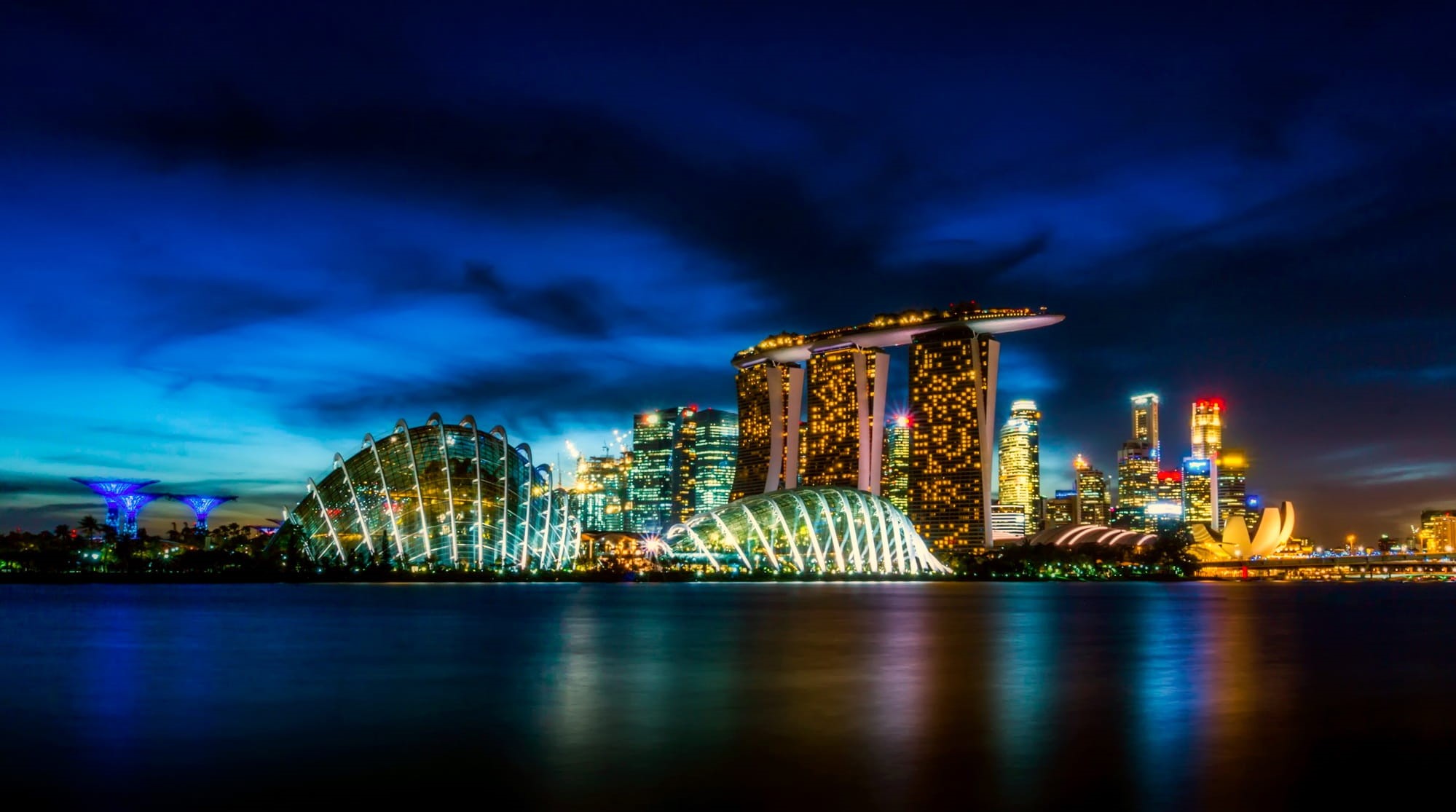 reflections, skyline, built Structure, City, tourism, glow, sand, marina, night, lights, panoramic, cityscape, twilight, nature, dusk, cloud - sky, blue, HD Wallpaper