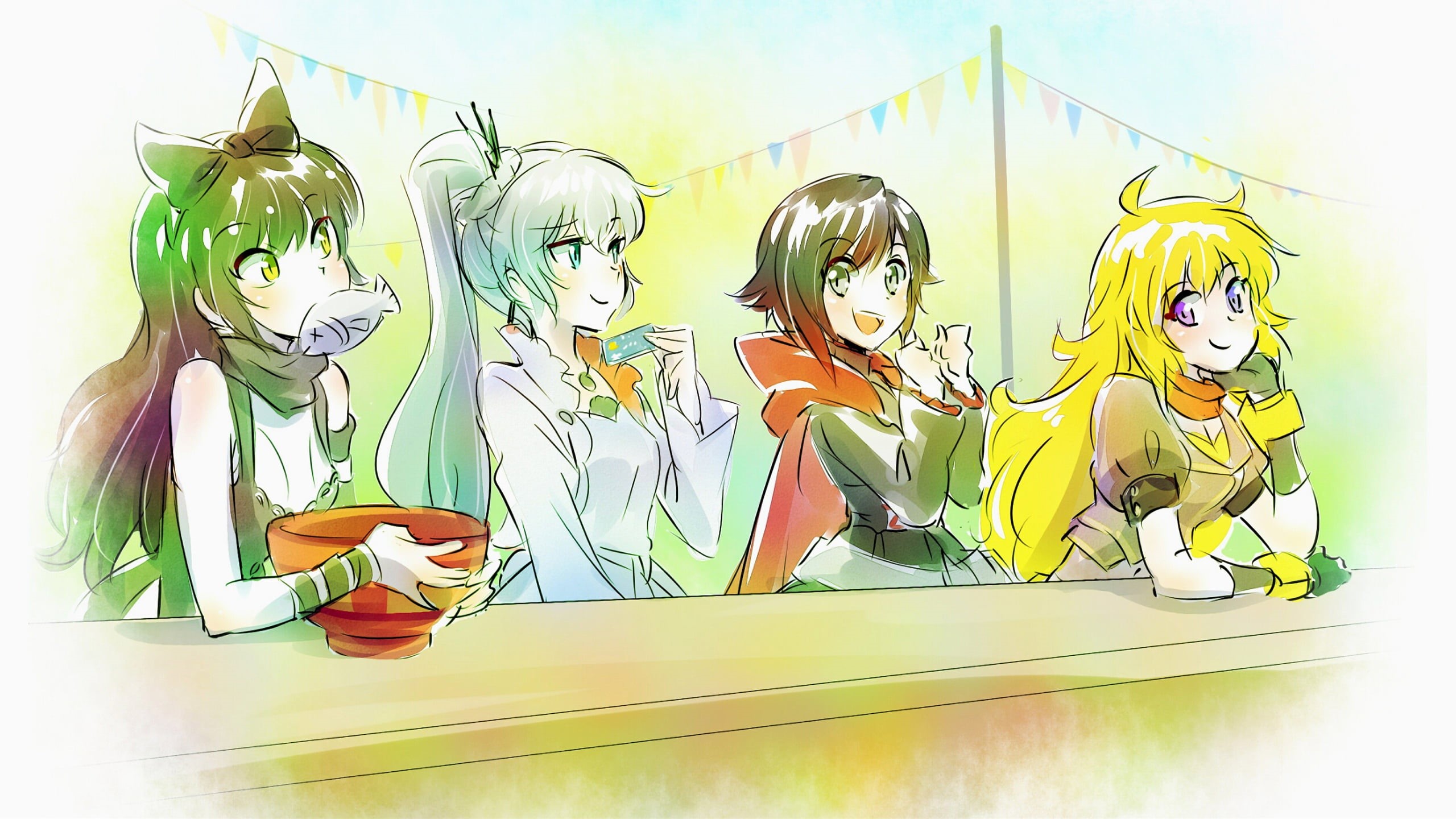 black, card, contest, Remnant, table, Blake Belladonna, art, SNI, joy, Ruby Rose, red white black yellow, Yang Shao Long, 2K, RWBY, Yang Xiao Long, fish, HD Wallpaper