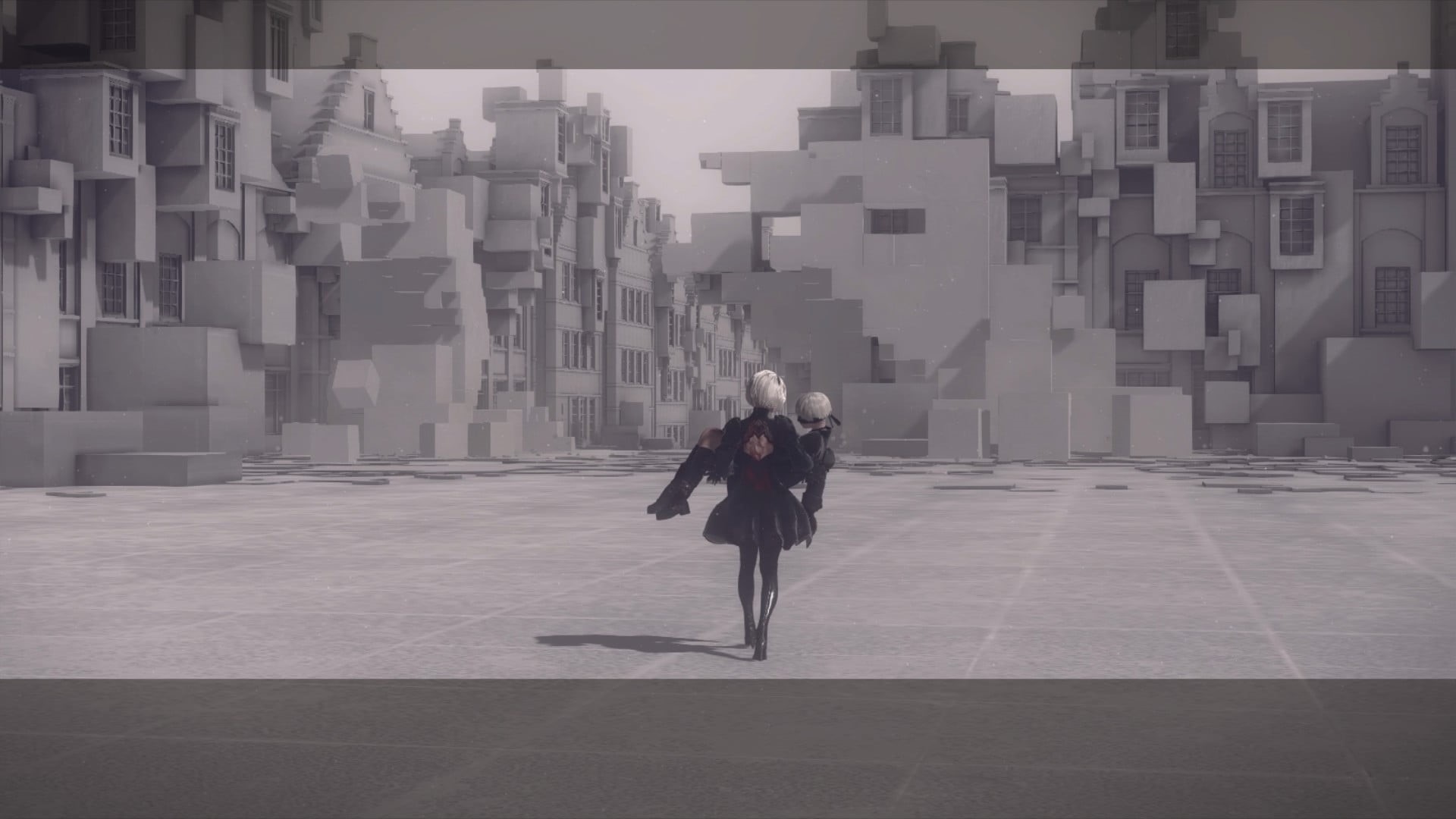 city life, building exterior, lifestyles, chairs, rectangular, wooden, walking, table, 1080P, architecture, Nier: Automata, NieR, day, one person, nature, HD Wallpaper
