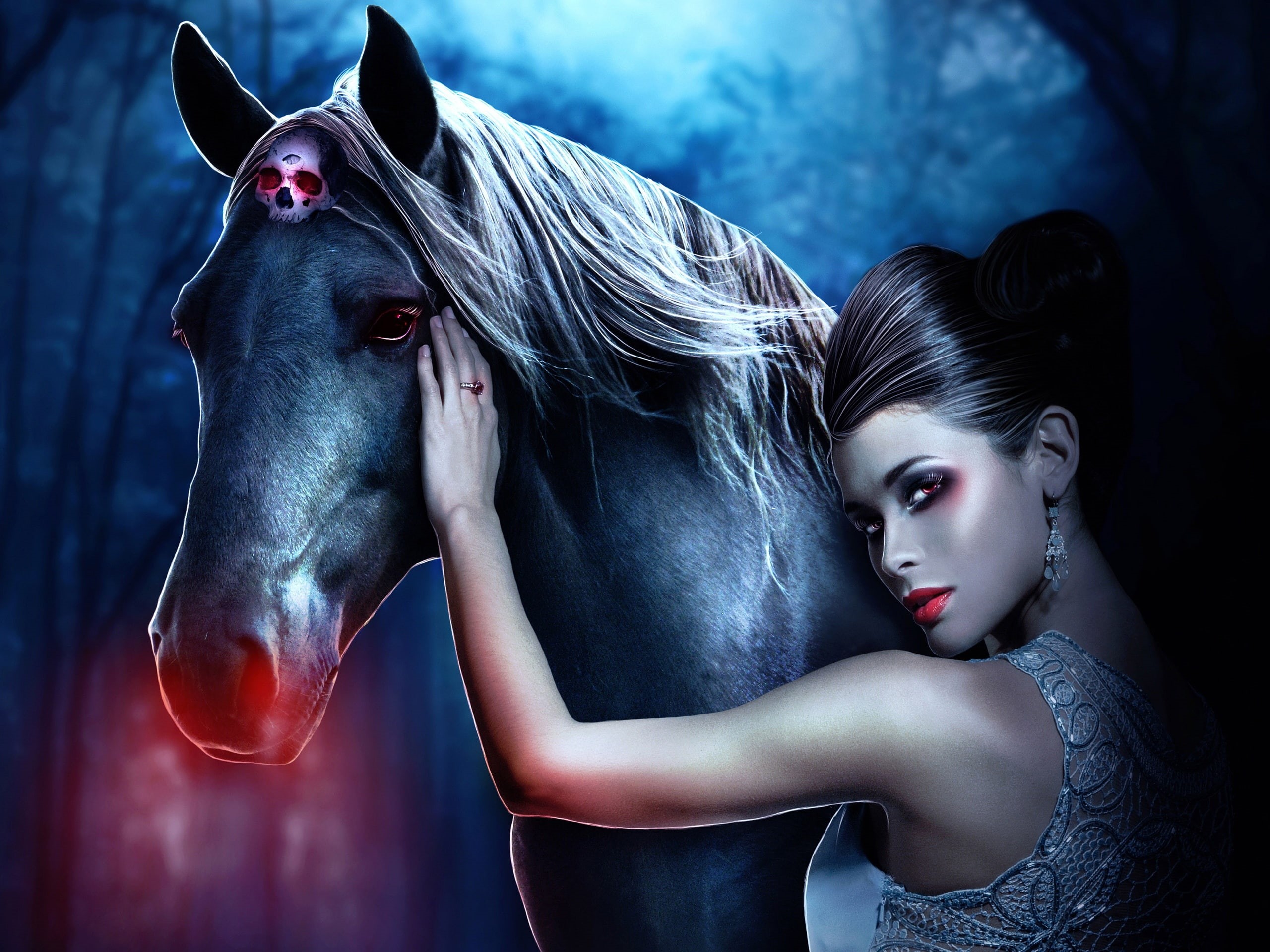 Girl, white, sequined, Fantasy, Lips, Red, dress, woman, back, Skull, 2K, sleeveless, poster, Horse, HD Wallpaper