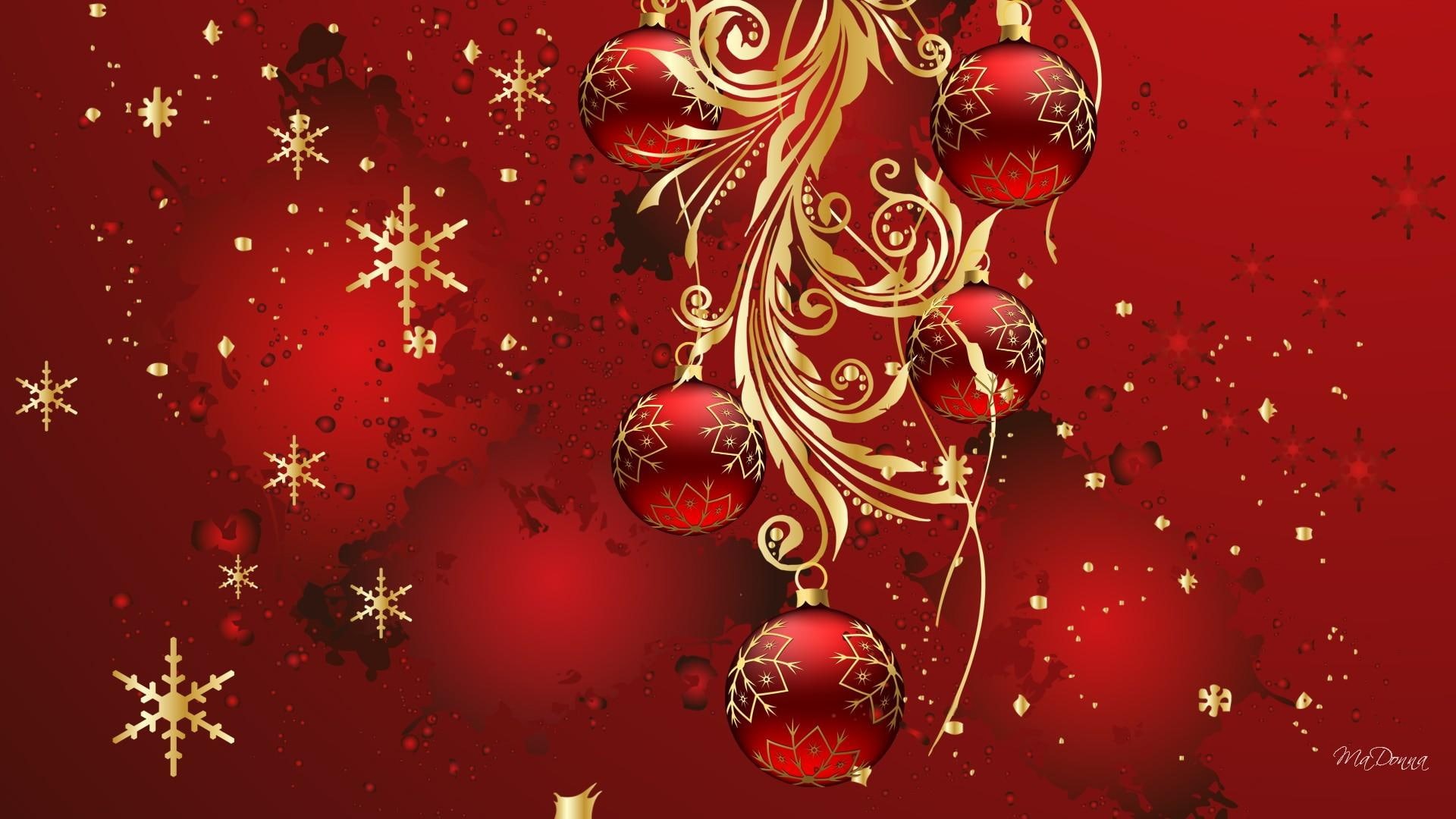 gold, shine, decorations, glitter, snowflakes, 1080P, bright, feliz navidad, balls, christmas, crimson, stars, HD Wallpaper