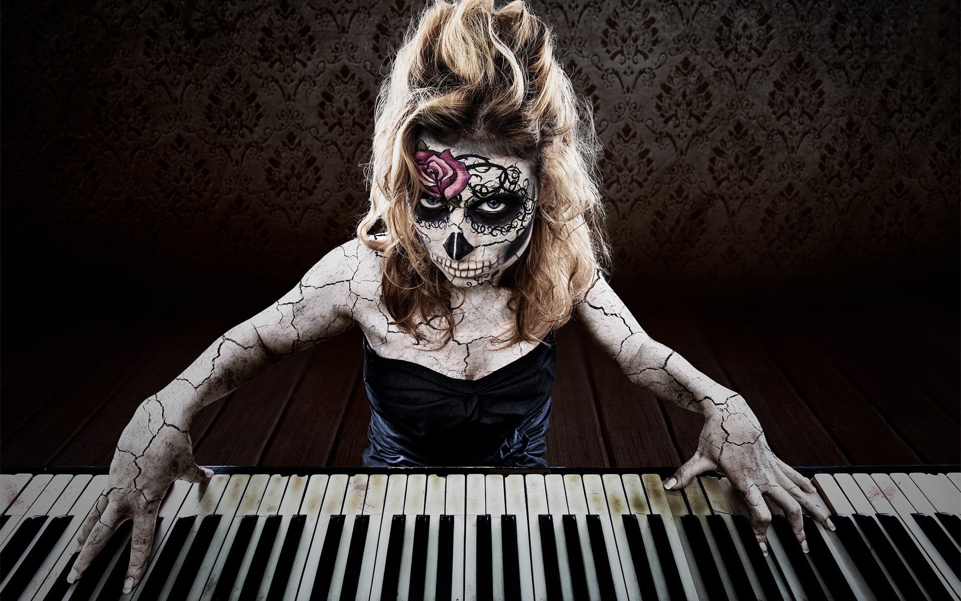 mask, obscured face, Sugar Skull, leisure activity, body paint, front view, mask - disguise, blond hair, skull, portrait, 1080P, model, blonde, hairstyle, HD Wallpaper
