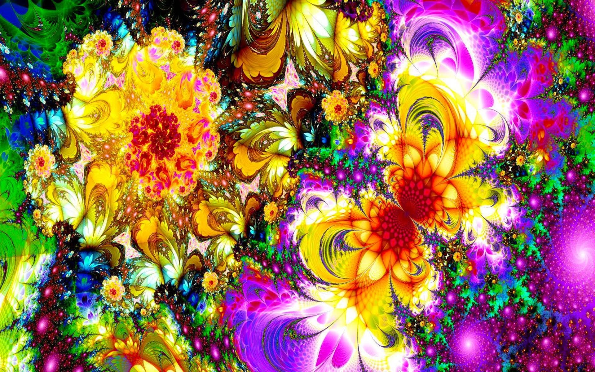sparkling, 3d and abstract, flowers, yellow, butterfly, 1080P, glow, colorful, fractal, abstract, HD Wallpaper