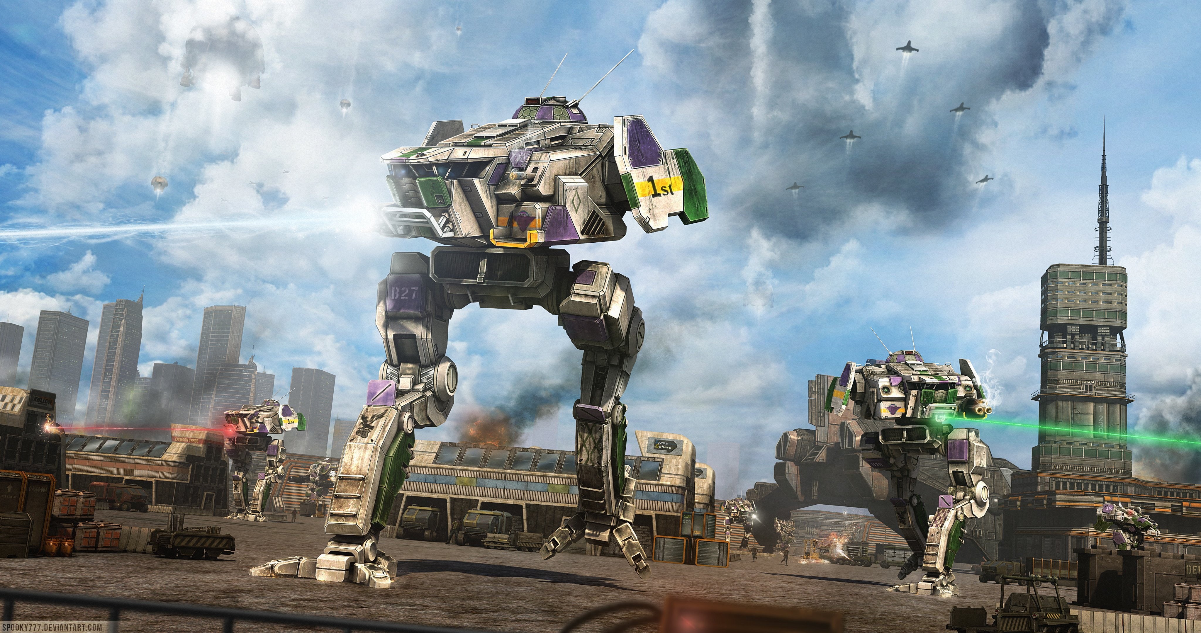mecha, nature, 4K, sci, digital composite, MechWarrior, landscape, building exterior, Fighting, Battletech, 4096x2160 px, motion, building, cloud - sky, HD Wallpaper