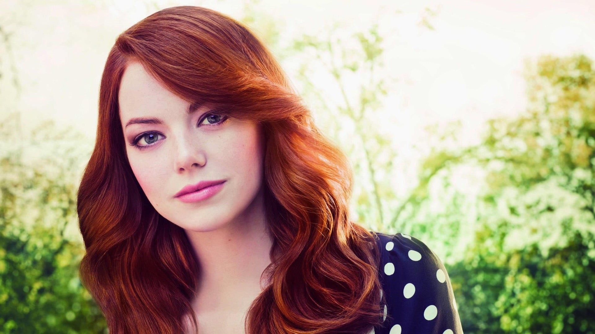 beautiful people, young women, 1080P, contemplation, looking at viewer, hairstyle, emma, real people, dyed red hair, headshot, portrait, curly hair, actress, HD Wallpaper
