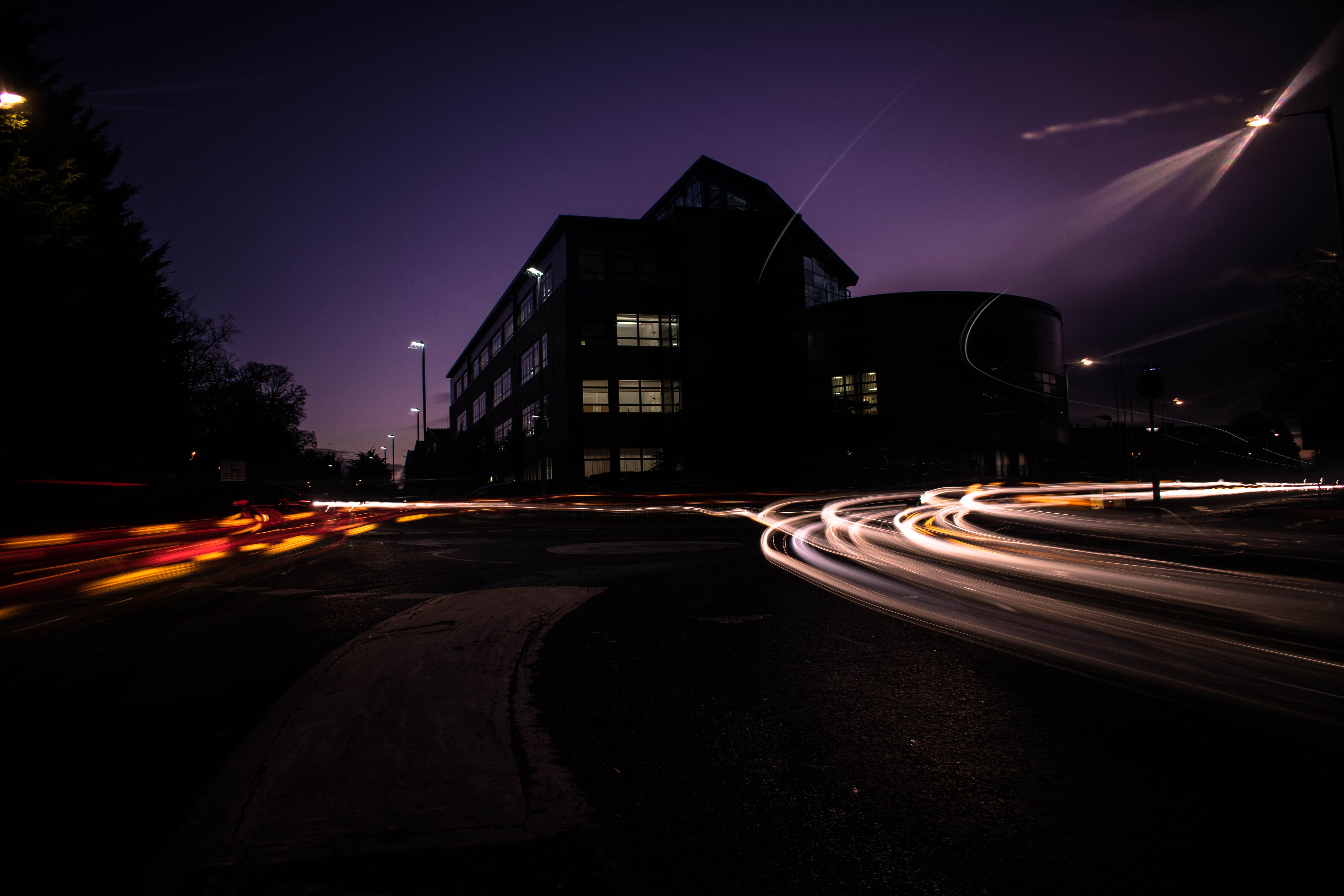 purple, nightlife, illuminated, slow shutter, 8K, car trails, light, night, bury saint edmunds, no people, shutter speed, light trails, building exterior, HD Wallpaper