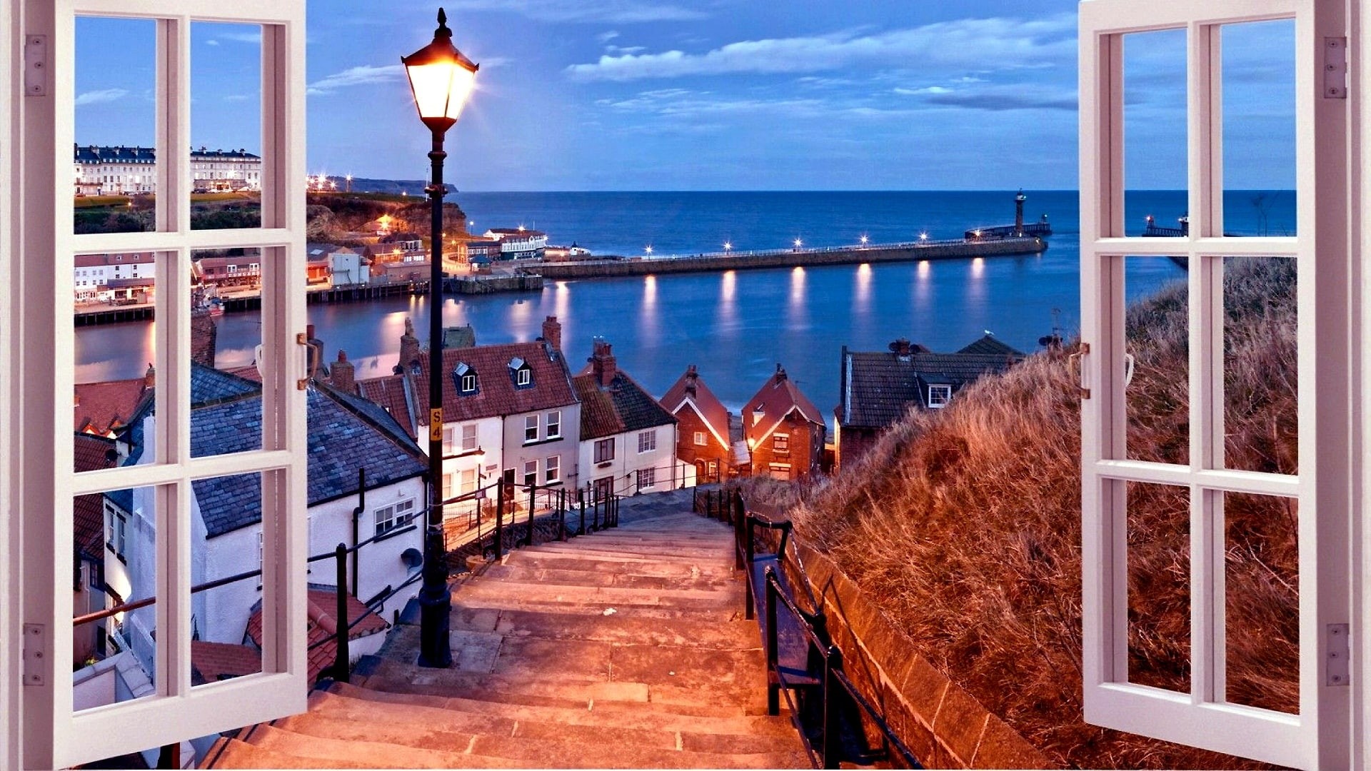 street light, window, 1080P, whitby, europe, panorama, view, stairs, united kingdom, HD Wallpaper