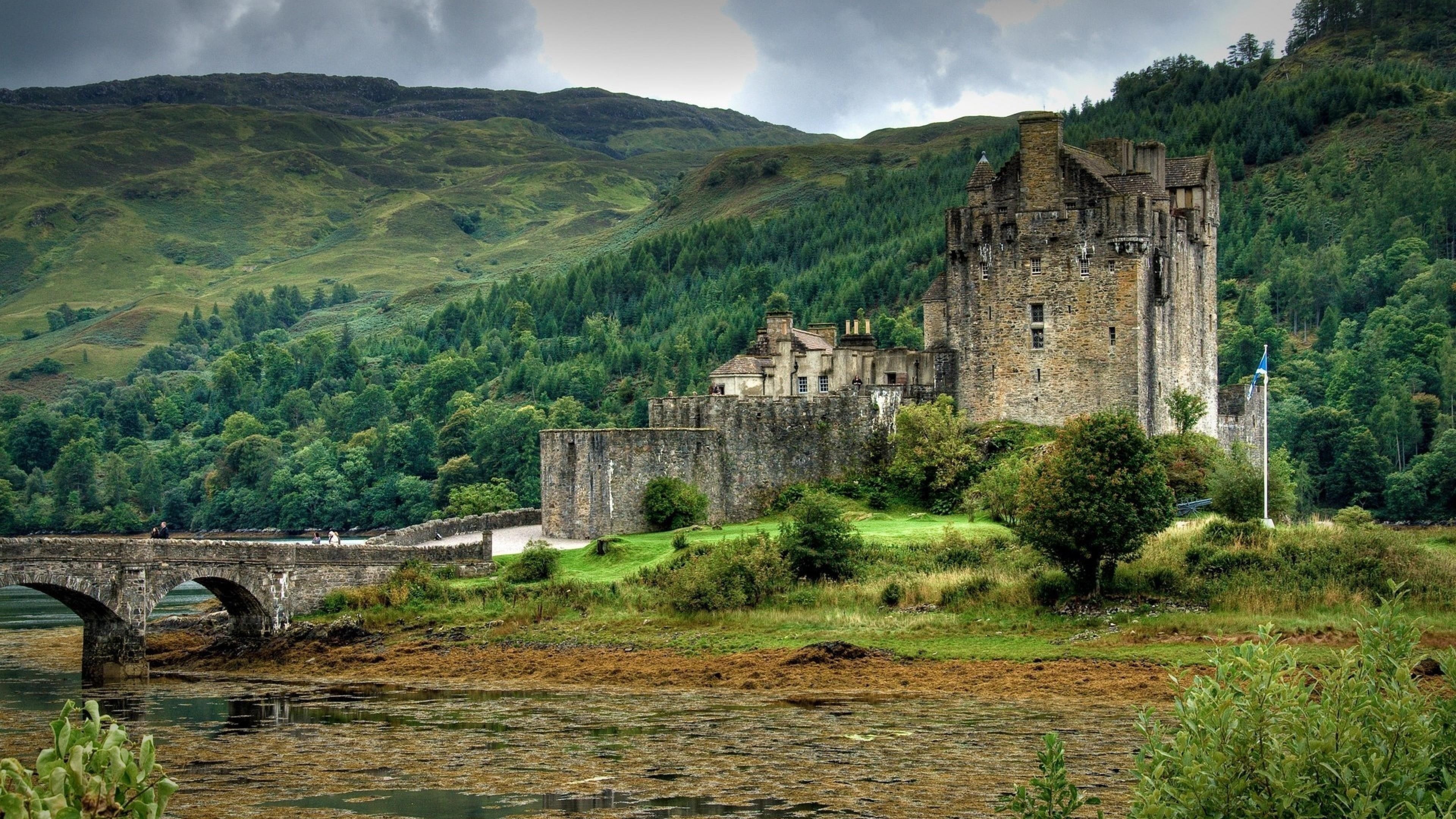 mountains, scotland, bridge, kyle of lochalsh, highlands, trees, eilean donan castle, wood, dornie, united kingdom, 4K, historical, lake, HD Wallpaper
