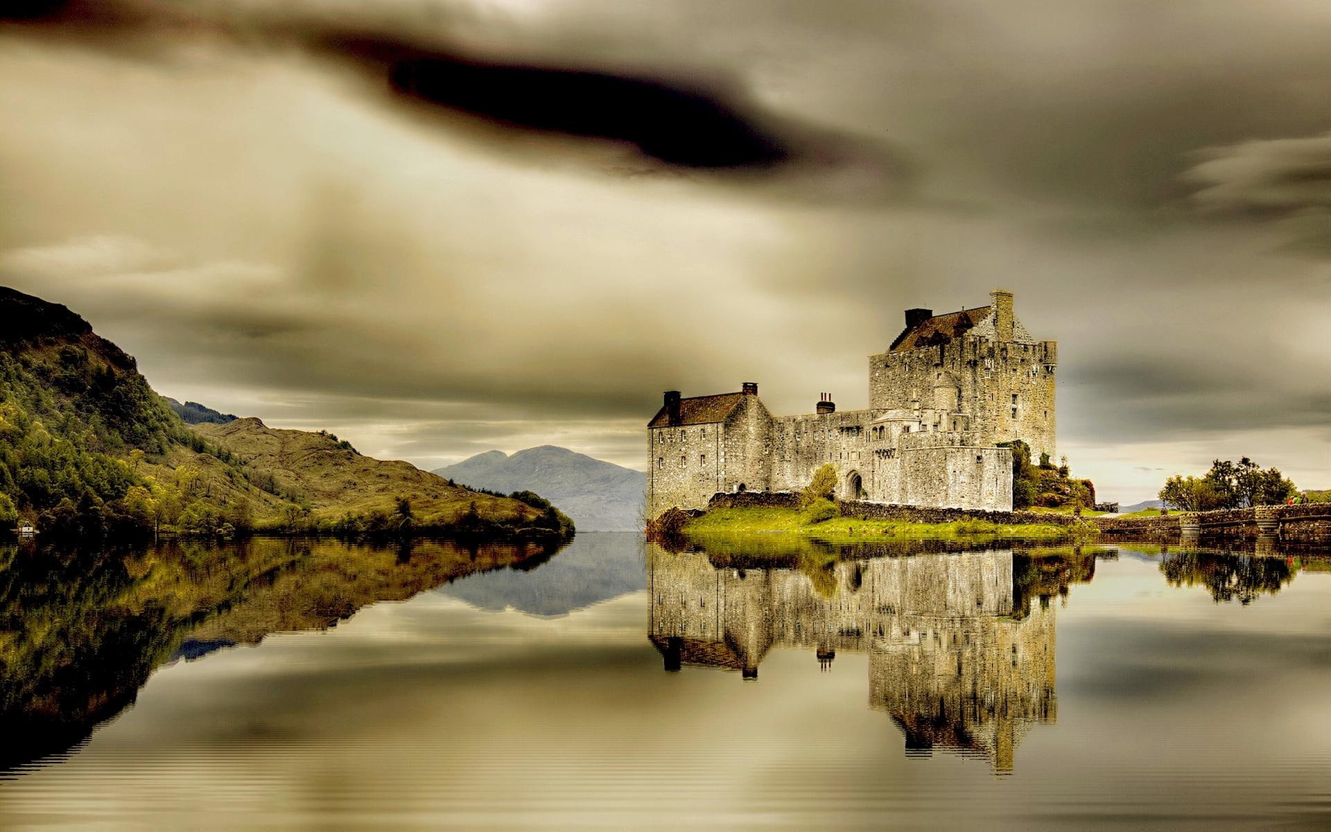 gray day, castle, eilean donan, nature and landscapes, scenery, city, 1080P, majestic, scotland, HD Wallpaper