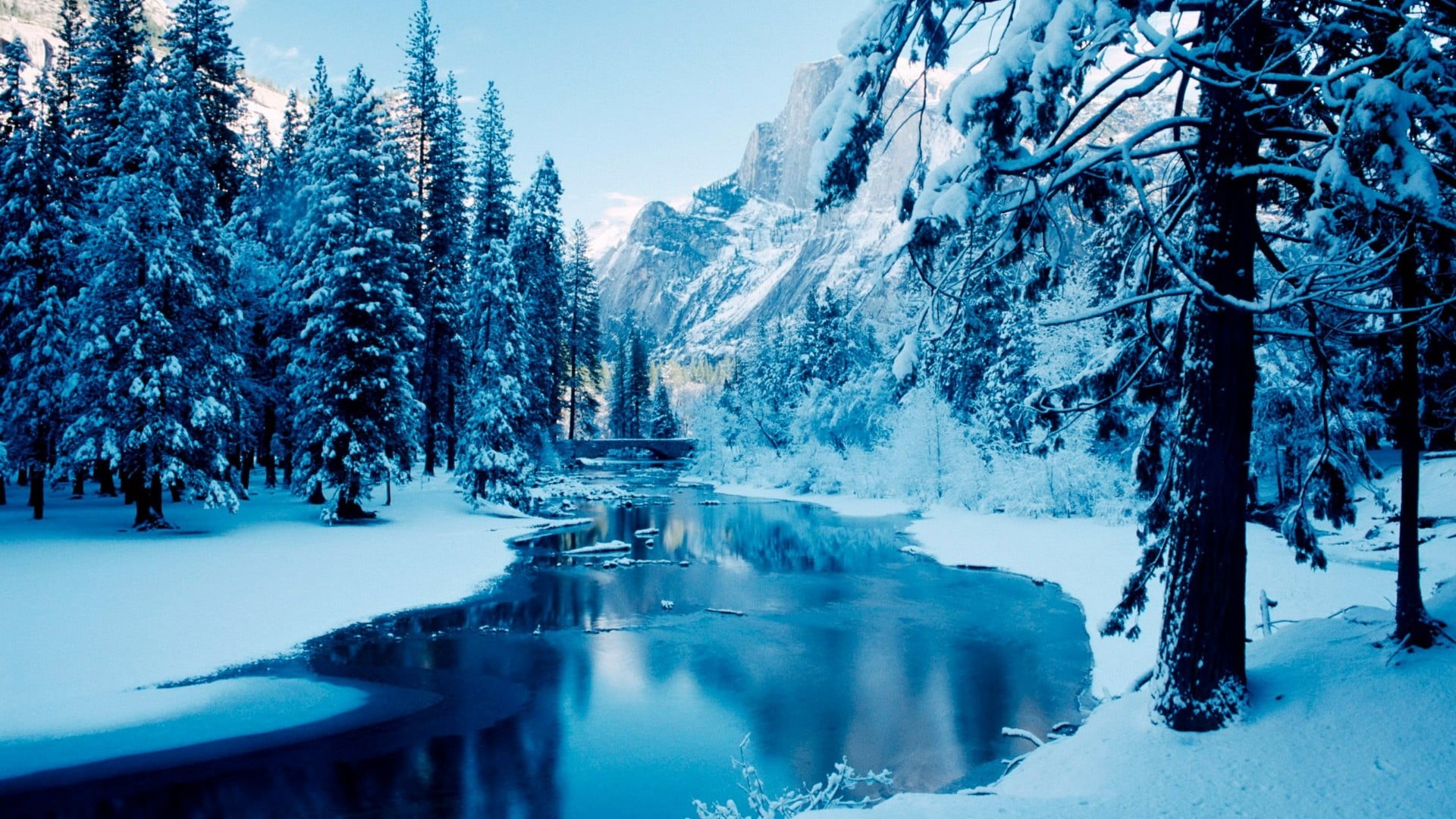 1080P, river, tranquil scene, nature, outdoors, environment, tree, wilderness, land, blue, tranquility, freezing, watercourse, covering, beauty in nature, HD Wallpaper