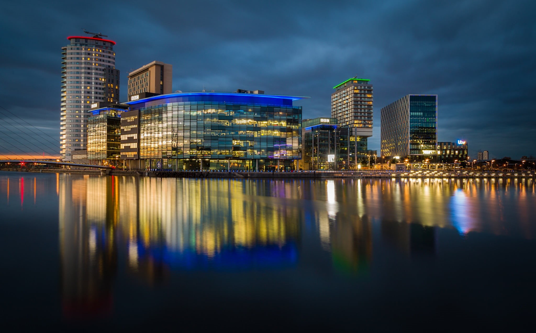 lights, skyline, Manchester, night city, England, Salford Quays, 1080P, HD Wallpaper
