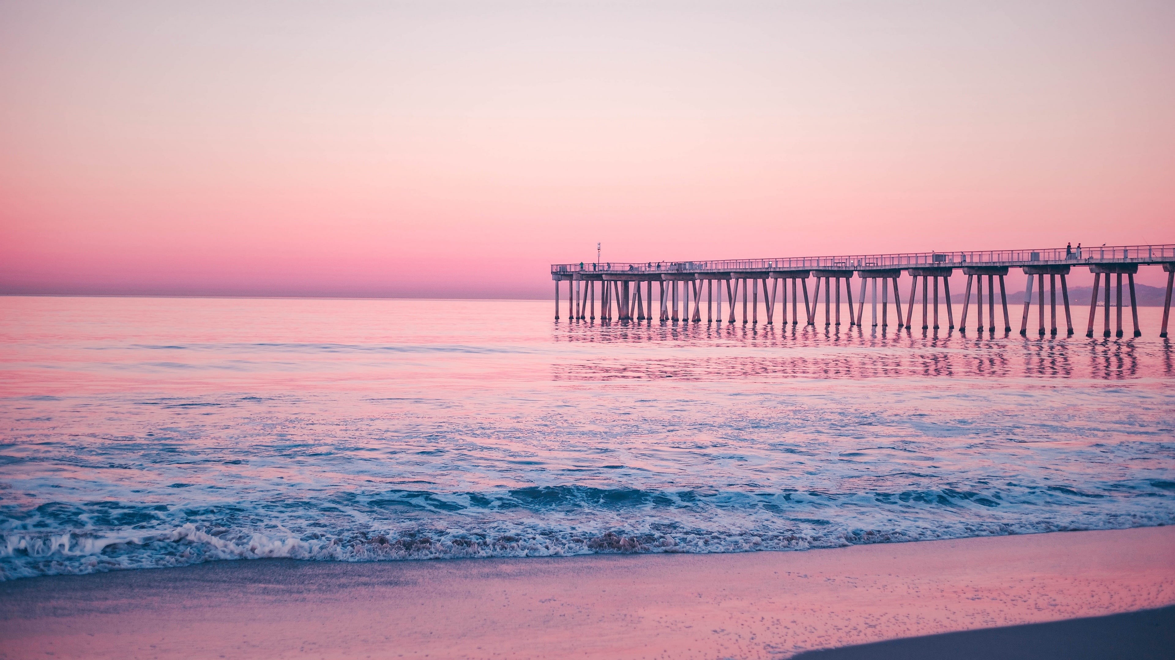 pink sky, power in nature, calm, idyllic, ocean, sunrise, hermosa beach, beach, tranquil scene, hermosa beach pier, horizon over water, wave, tranquility, HD Wallpaper
