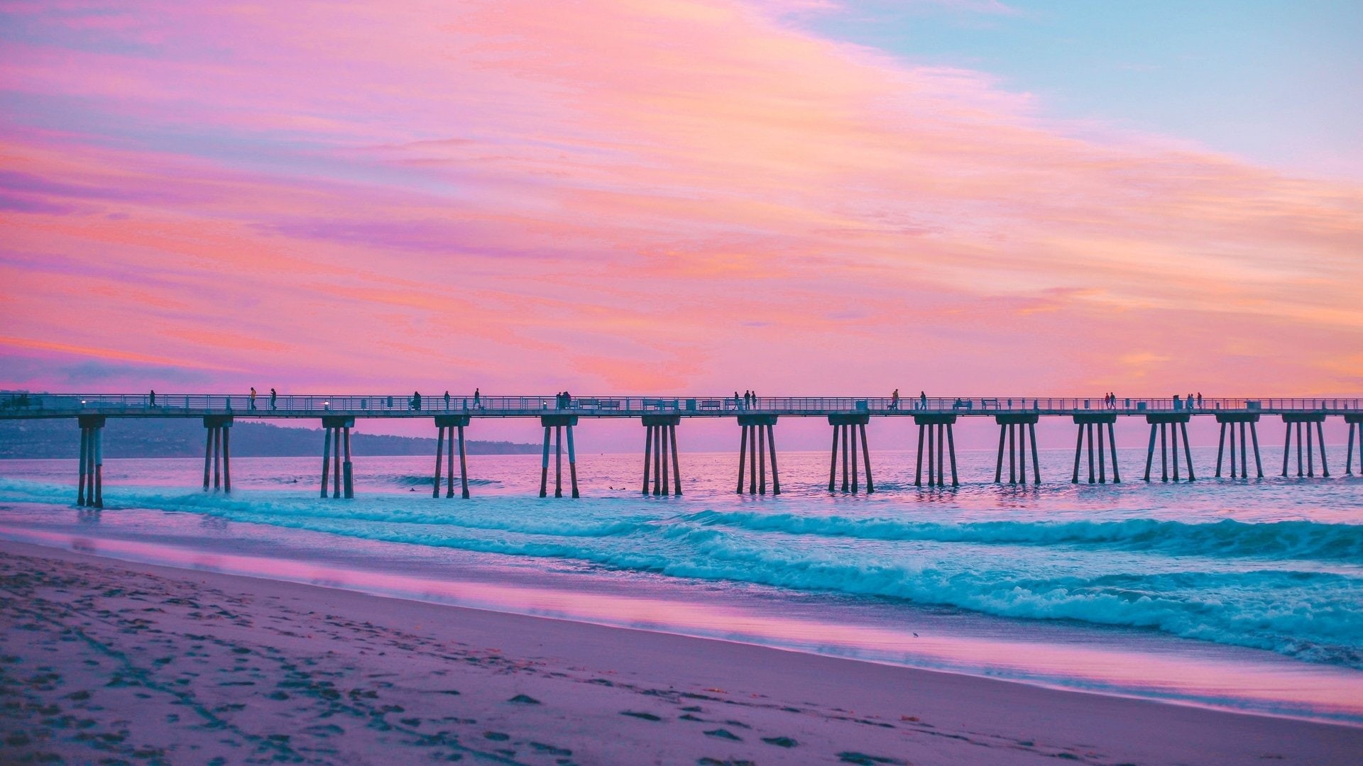 1080P, California, Beach, Pier, Sea, Water, Man Made, Pink, HD Wallpaper