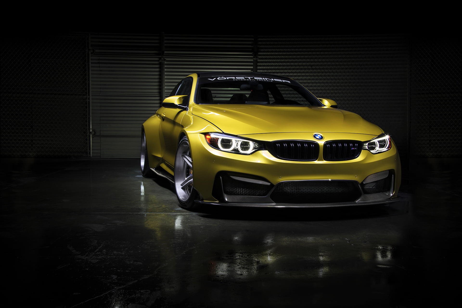 transportation, illuminated, luxury, vignette, bmw m4, vorsteiner, yellow, shiny, gold, no people, yellow taxi, indoors, city, reflection, sports car, bmw, HD Wallpaper