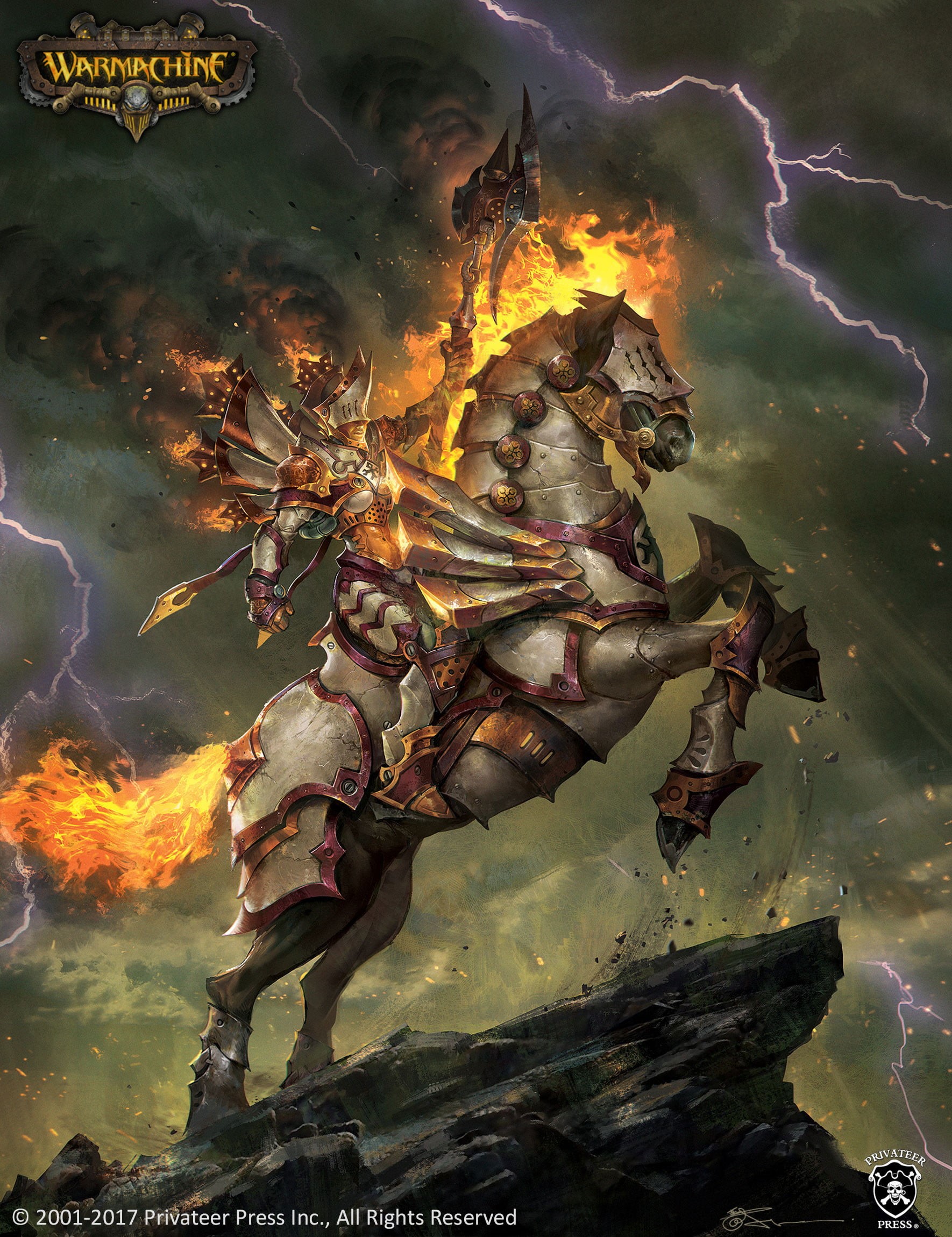 1080P, fire, fantasy art, cliff, Jeremy Chong, drawing, armor, warrior, horse, axes, Phone HD Wallpaper