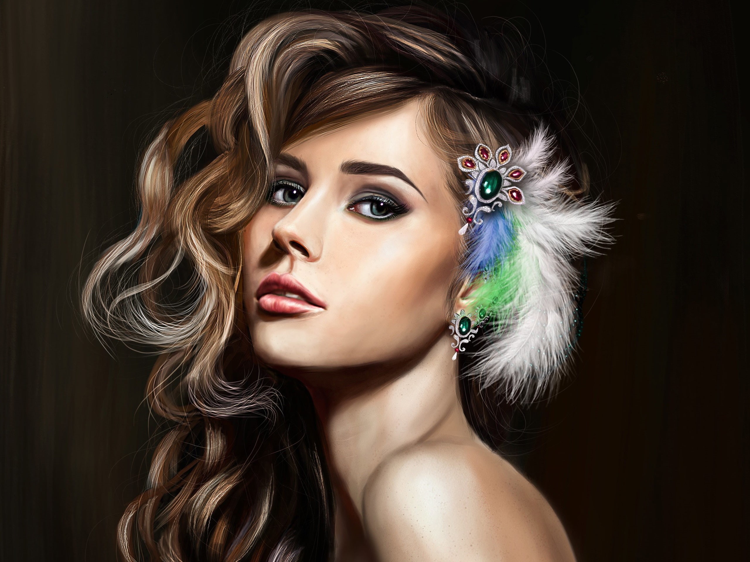 2K, Art, purple, Fantasy, Feathers, white, pin, Face, Beautiful, Hair, green, Makeup, Jewelry, Girl, HD Wallpaper