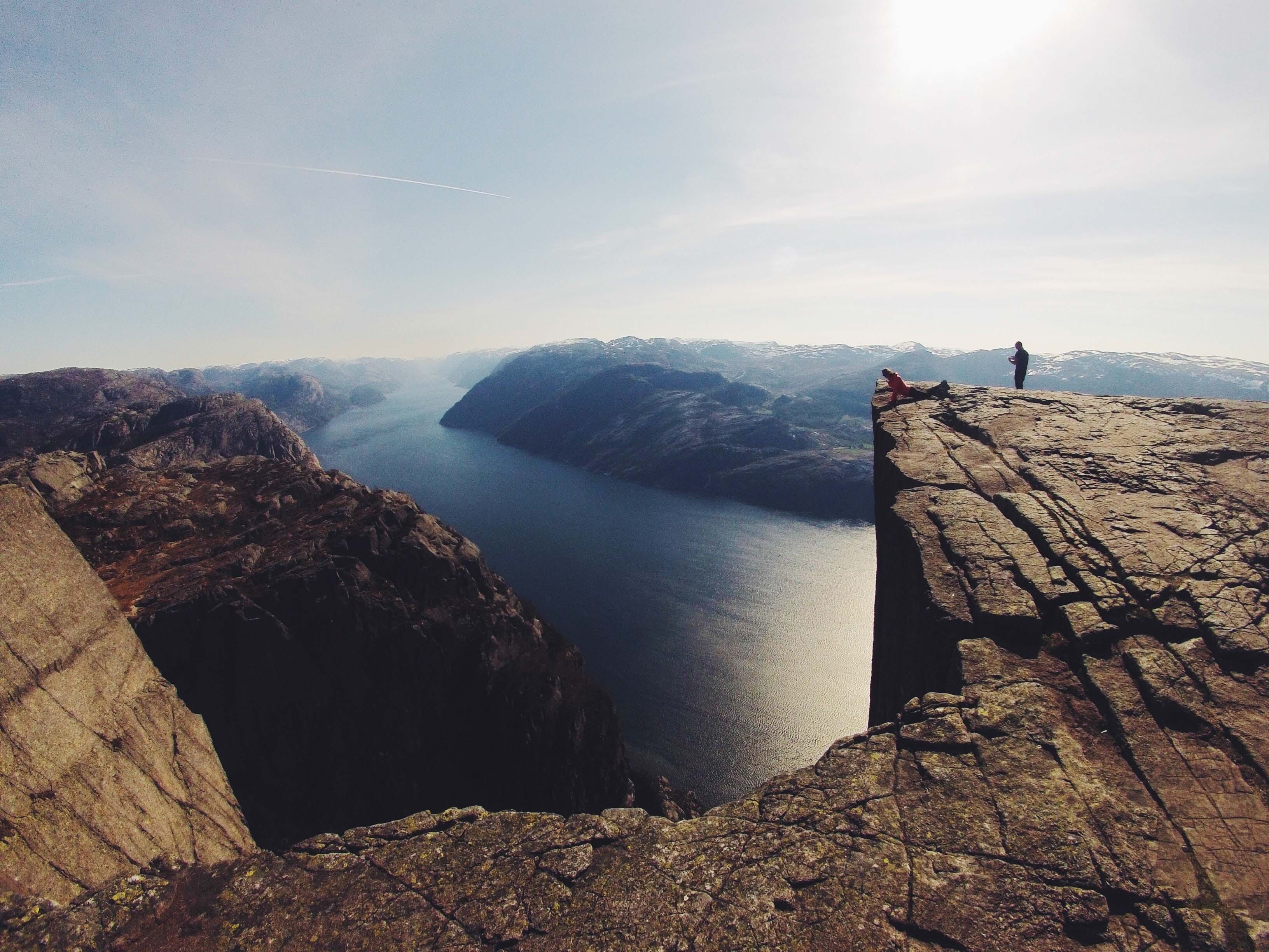 land, adventure, norway, day, rock - object, travel destinations, view, sunlight, beauty in nature, cloud - sky, people, outdoors, landscape, 2K, non-urban scene, HD Wallpaper
