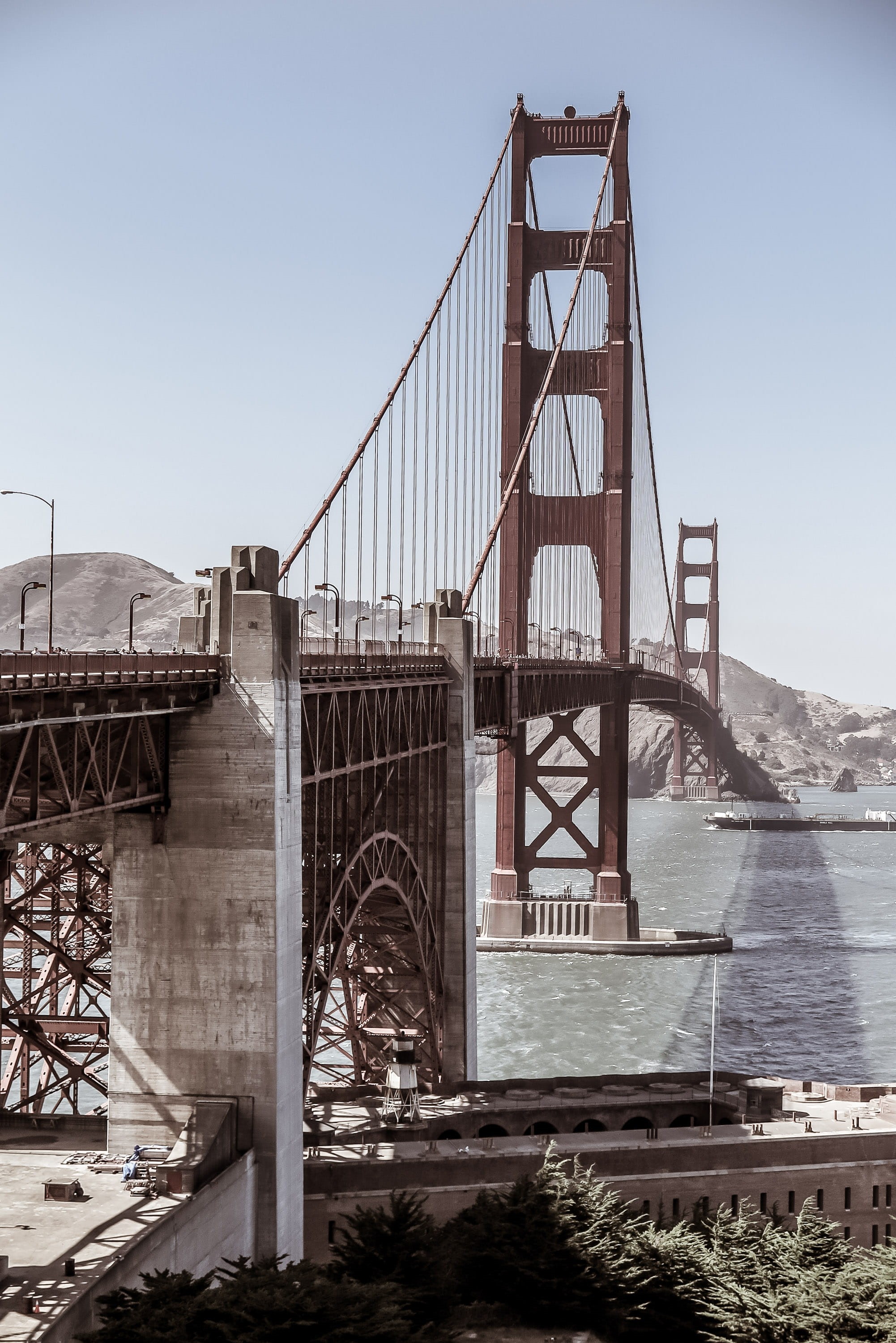 travel destinations, san, architecture, low angle view, no people, massive, building exterior, built structure, rivets, golden, transportation, golden gate bridge, Phone HD Wallpaper
