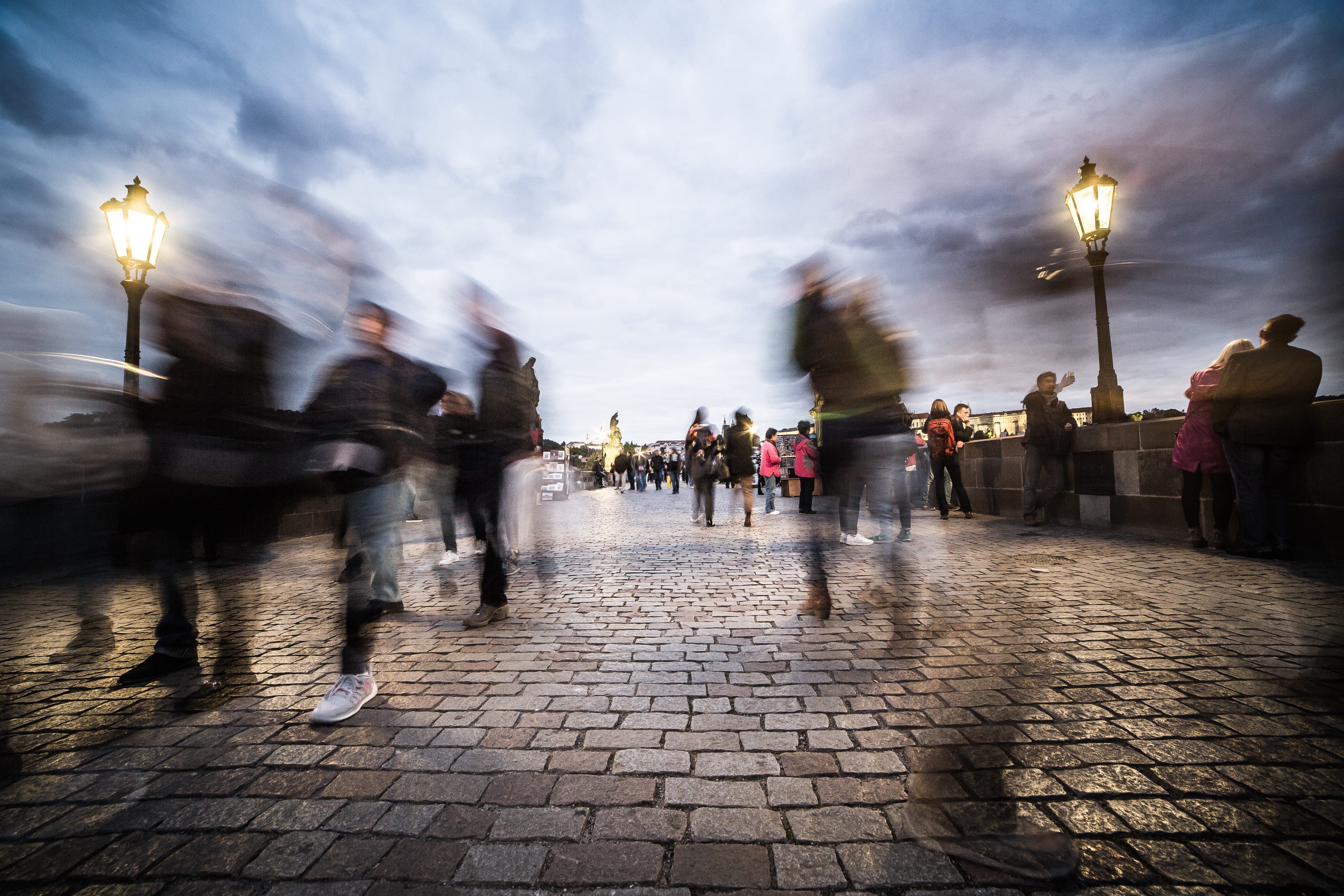 real people, outdoors, architecture, illuminated, Prague, paving stone, large Group Of People, cloudy, long exposure, city Life, clouds, People, adults only, HD Wallpaper