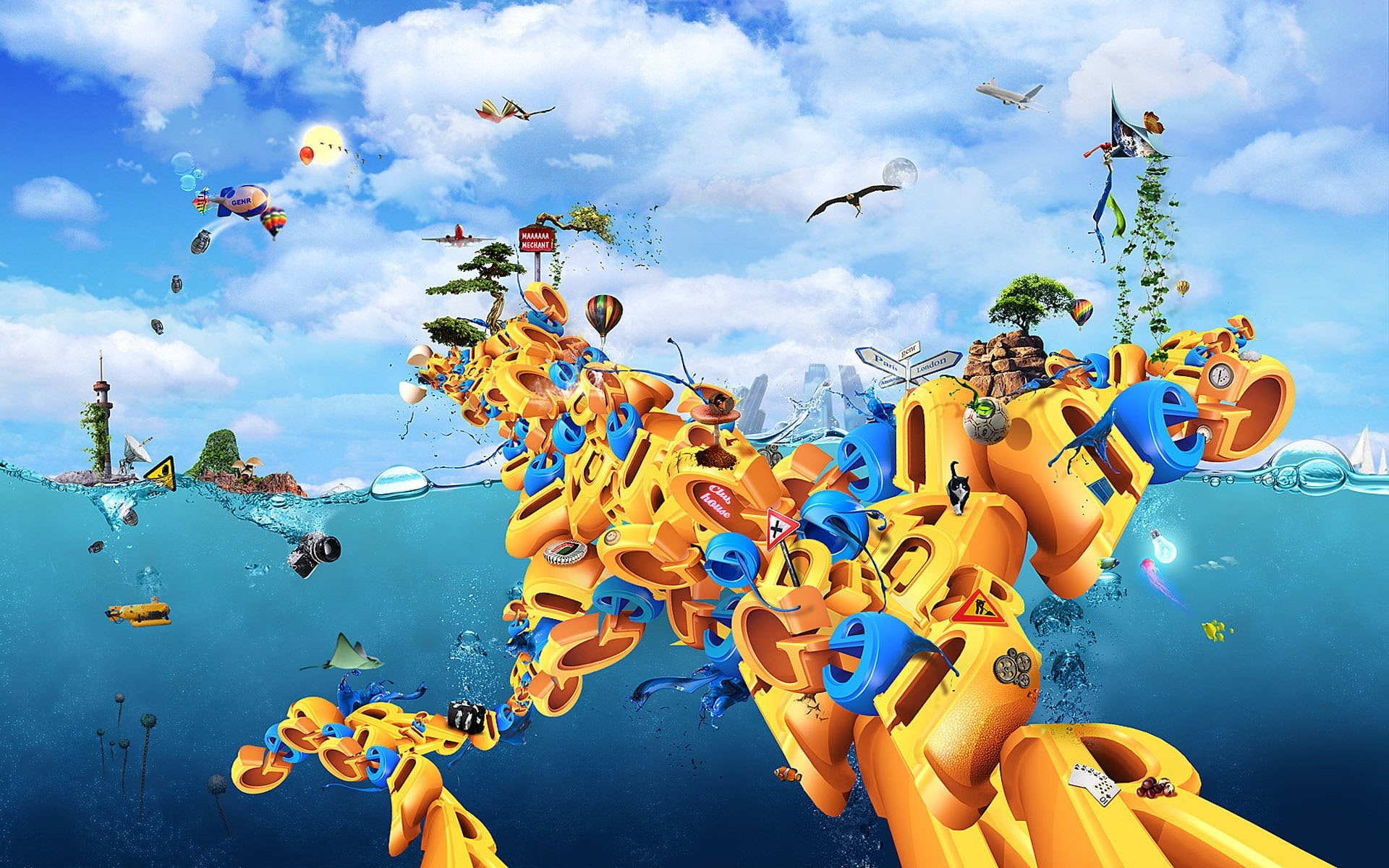 world, fantasy, water, 1080P, anime, trees, plane, chaotic, HD Wallpaper
