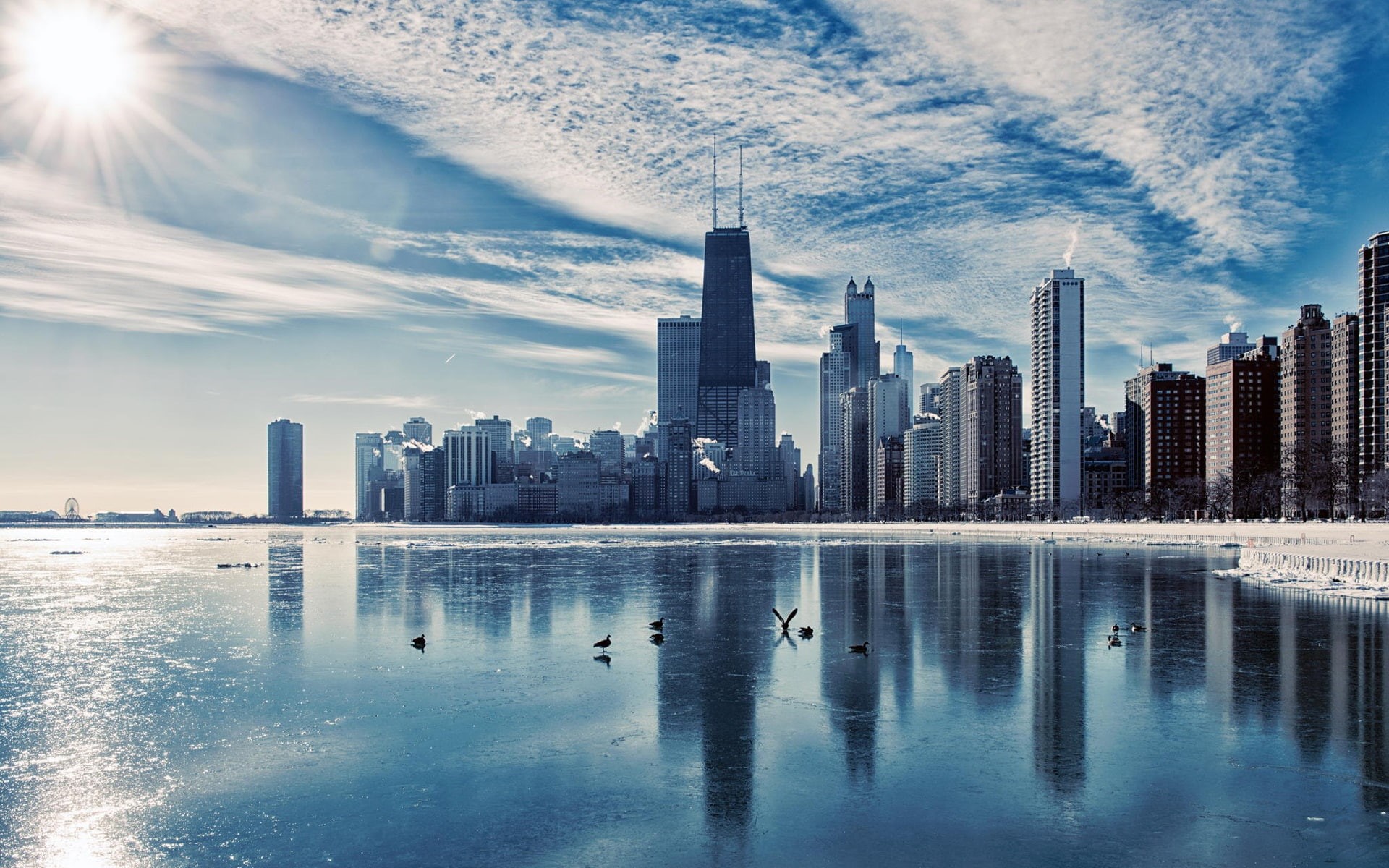 Dusk, Winter, Chicago, Skyscrapers, Illinois, Landscape, Ice, 1080P, City, River, HD Wallpaper
