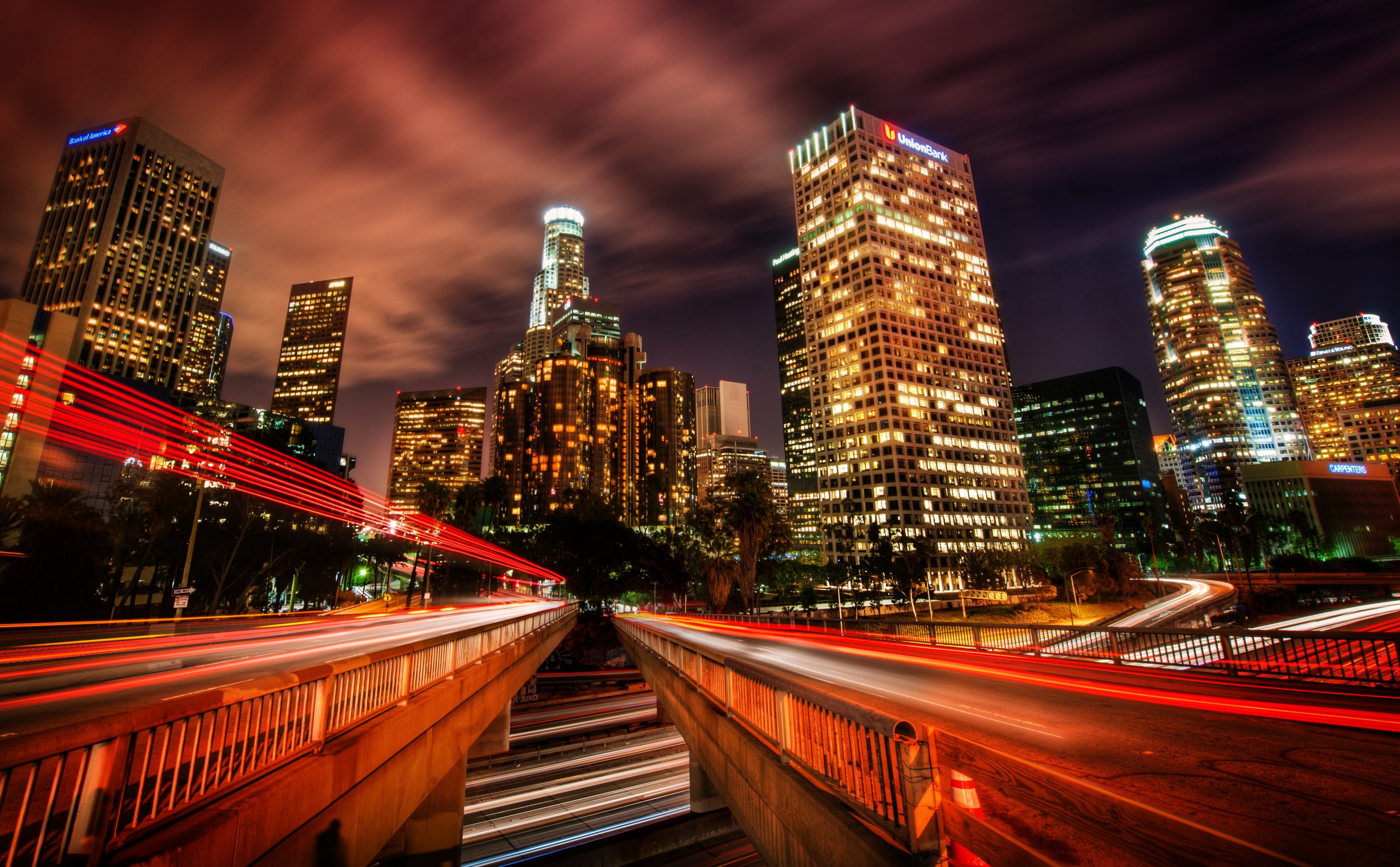 motion, moving, illuminated, tall - high, financial district, built structure, rise, speed, architecture, Bridges, building exterior, vehicles, city life, HD Wallpaper