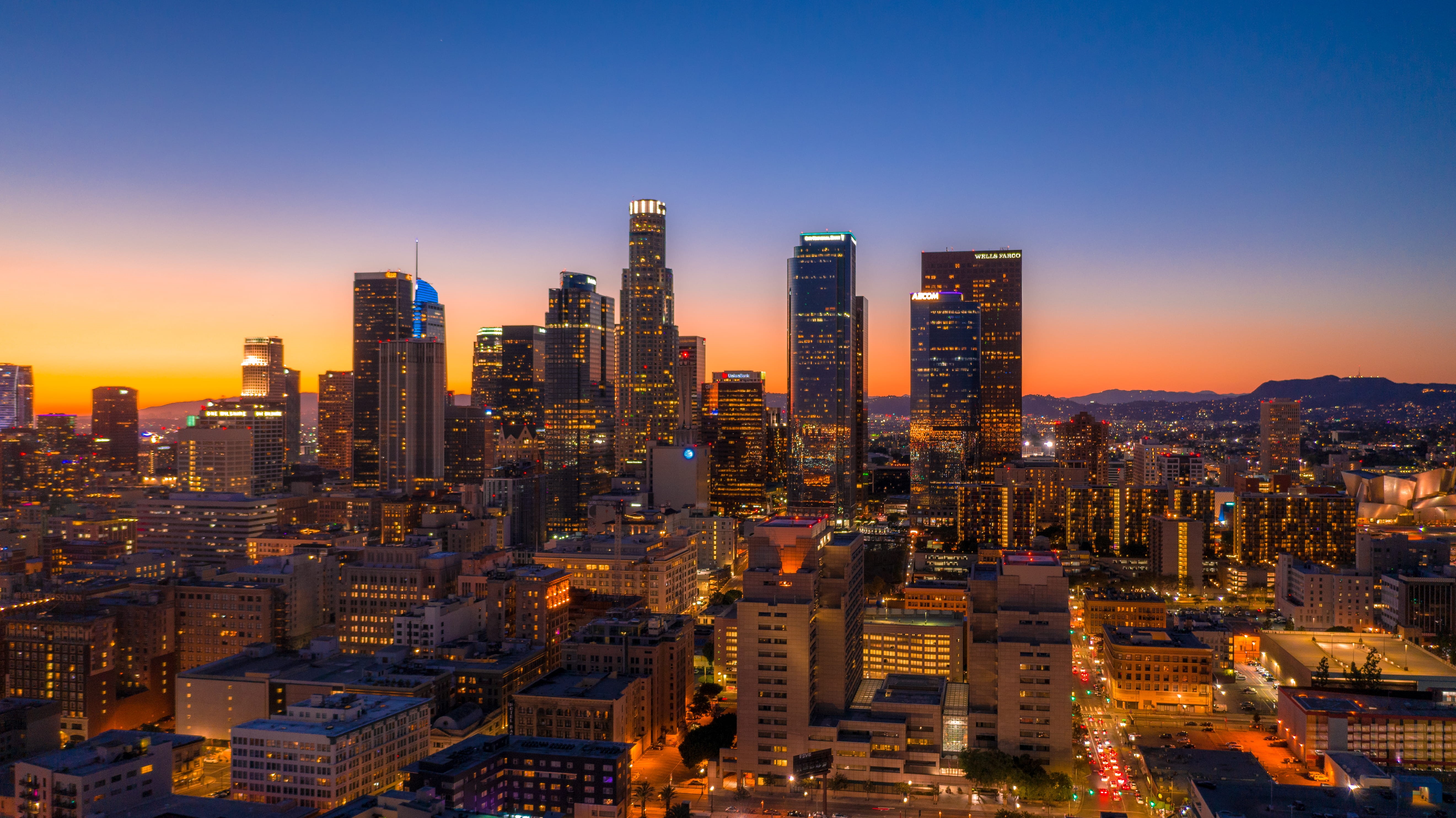 City Skycrappers, office building exterior, cityscape, outdoors, los angeles down town, modern, 5K, City, City Lights, crowded, building exterior, HD Wallpaper