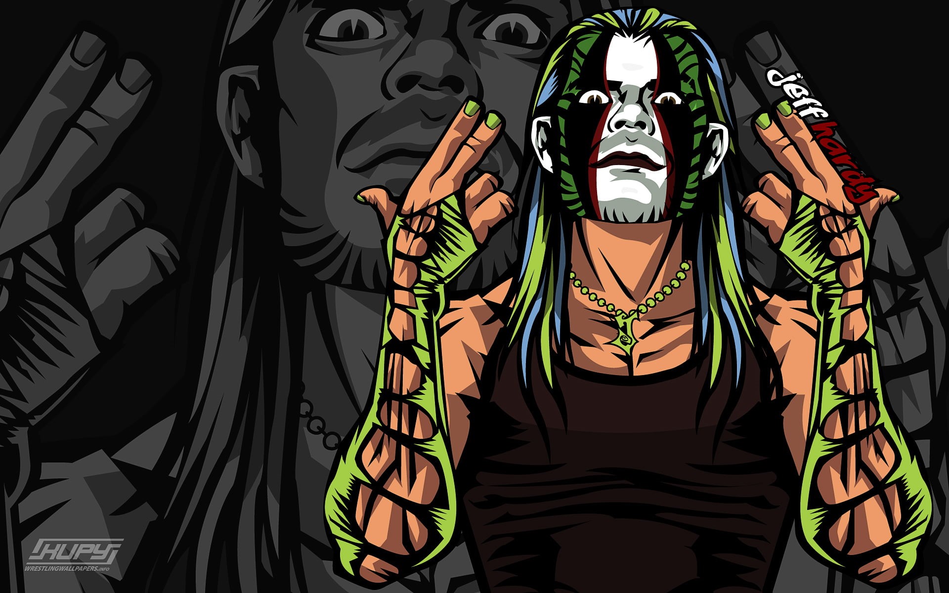 studio shot, top, male likeness, indoors, WWE, jeff, one person, representation, front view, multi colored, craft, nature, cartoon, creativity, striped, HD Wallpaper