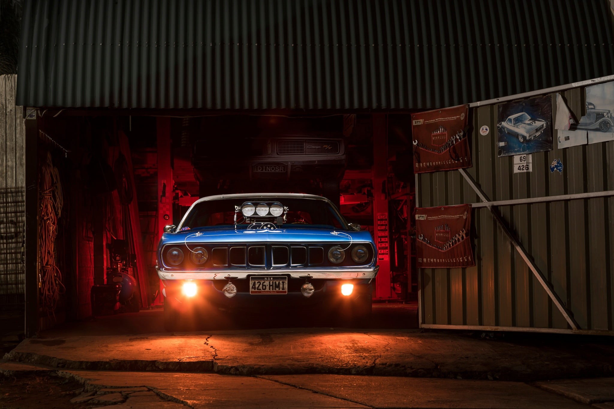 built structure, garage, communication, light, sign, mode of transportation, Plymouth Barracuda, red, muscle car, illuminated, street, land vehicle, architecture, HD Wallpaper