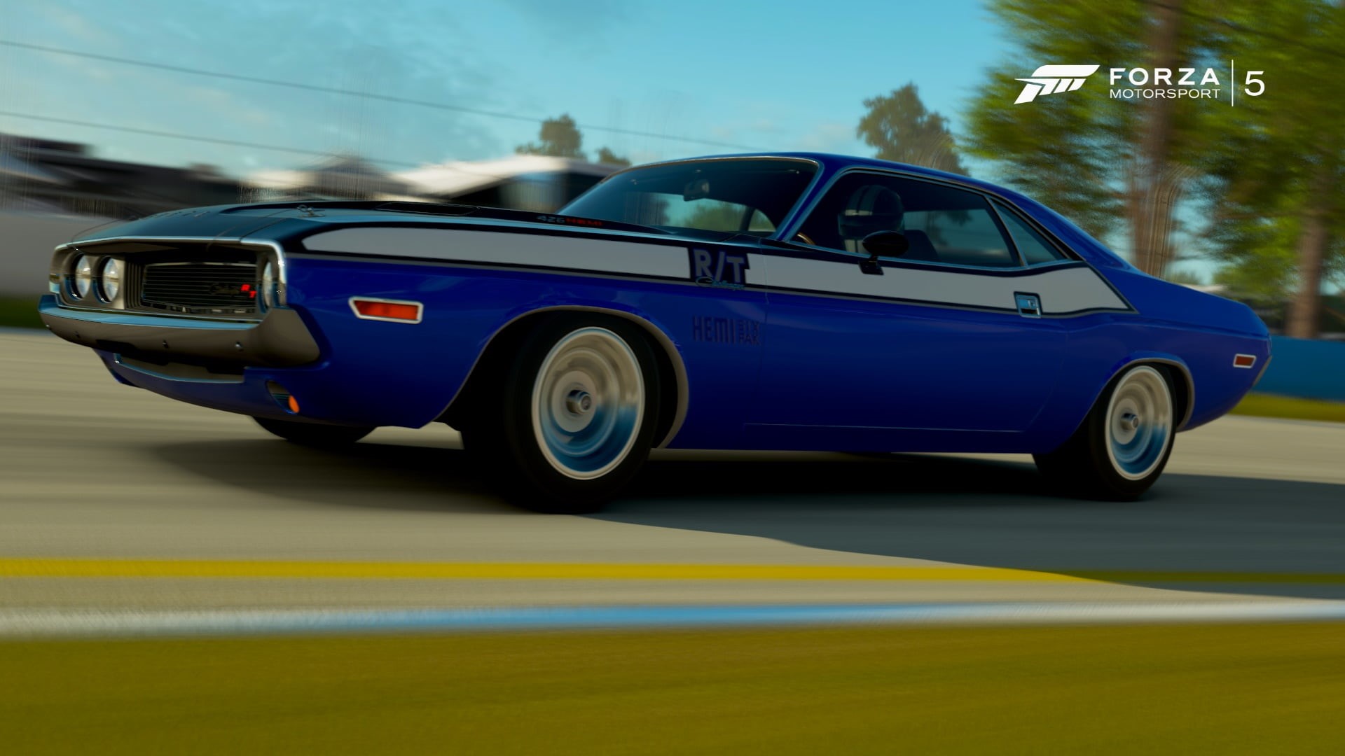 blue, sign, motion, Forza Motorsport, transportation, road, muscle cars, no people, mode of transportation, video games, coupe, focus on foreground, day, HD Wallpaper