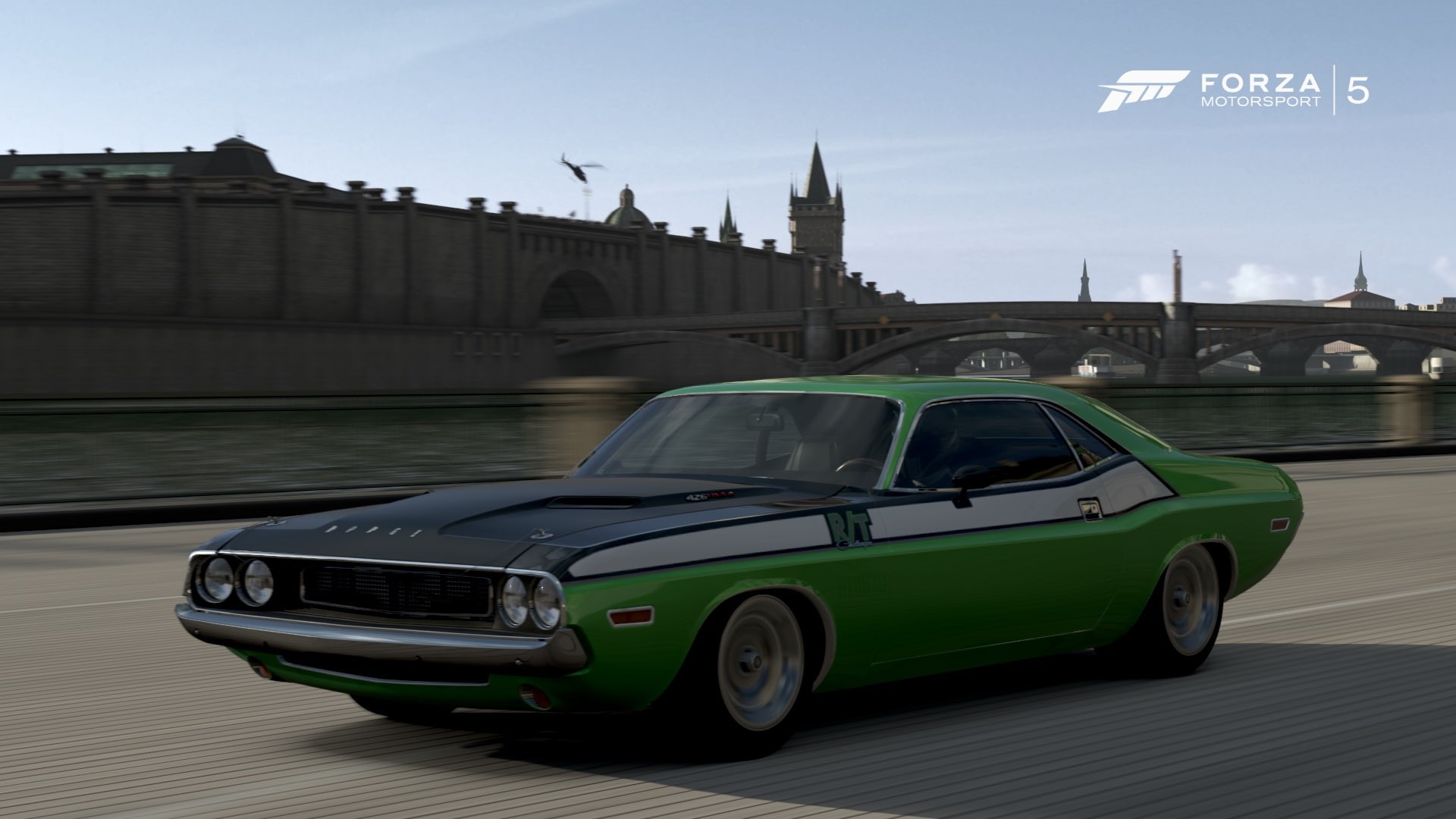 architecture, mode of transportation, sky, vehicle, Dodge Challenger, nature, transportation, Forza Motorsport, Dodge, no people, bridge, building exterior, HD Wallpaper