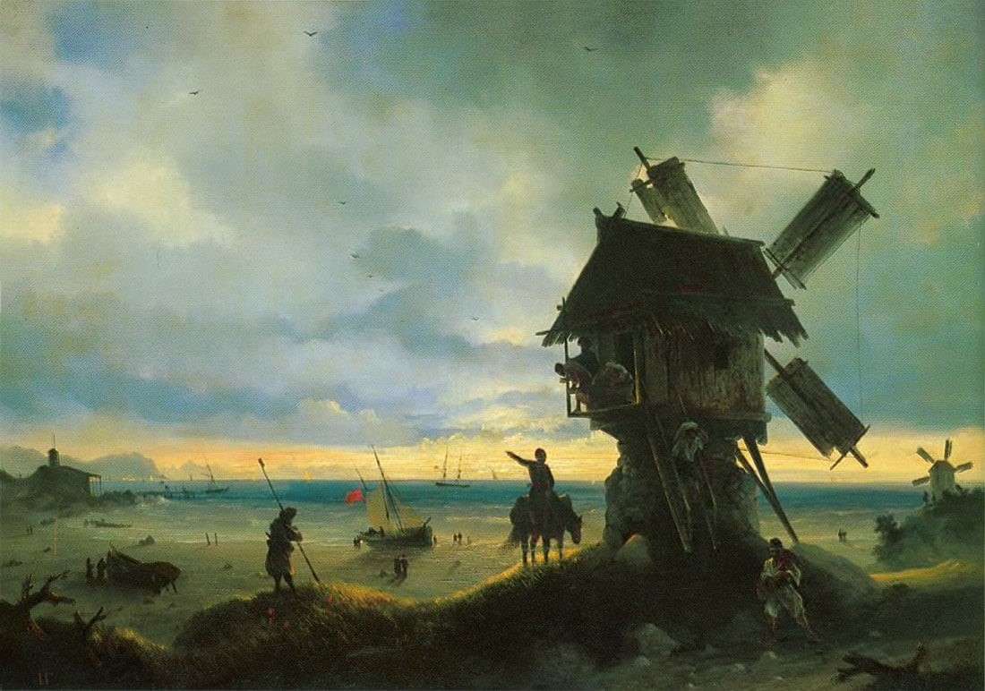 nature, fisherman, outdoors, luminos, group of people, Windmill on the seashore, art, sunset, horizon, occupation, people, beach, transportation, men, painting, HD Wallpaper