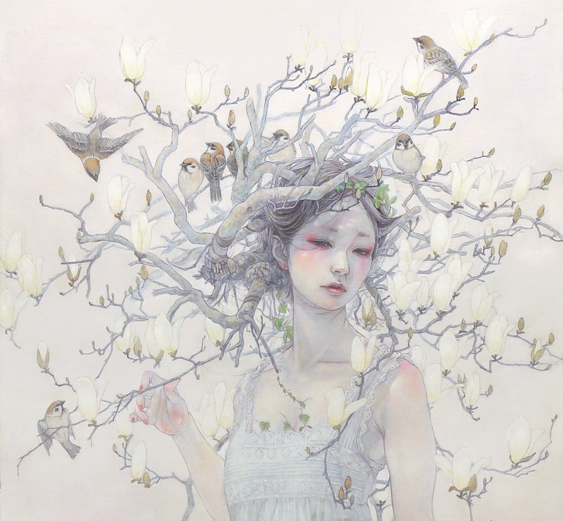 480P, eyes closed, hair, miho hirano, Spring, tree, luminos, one person, fashion, contemplation, women, portrait, young adult, flowering plant, adult, HD Wallpaper