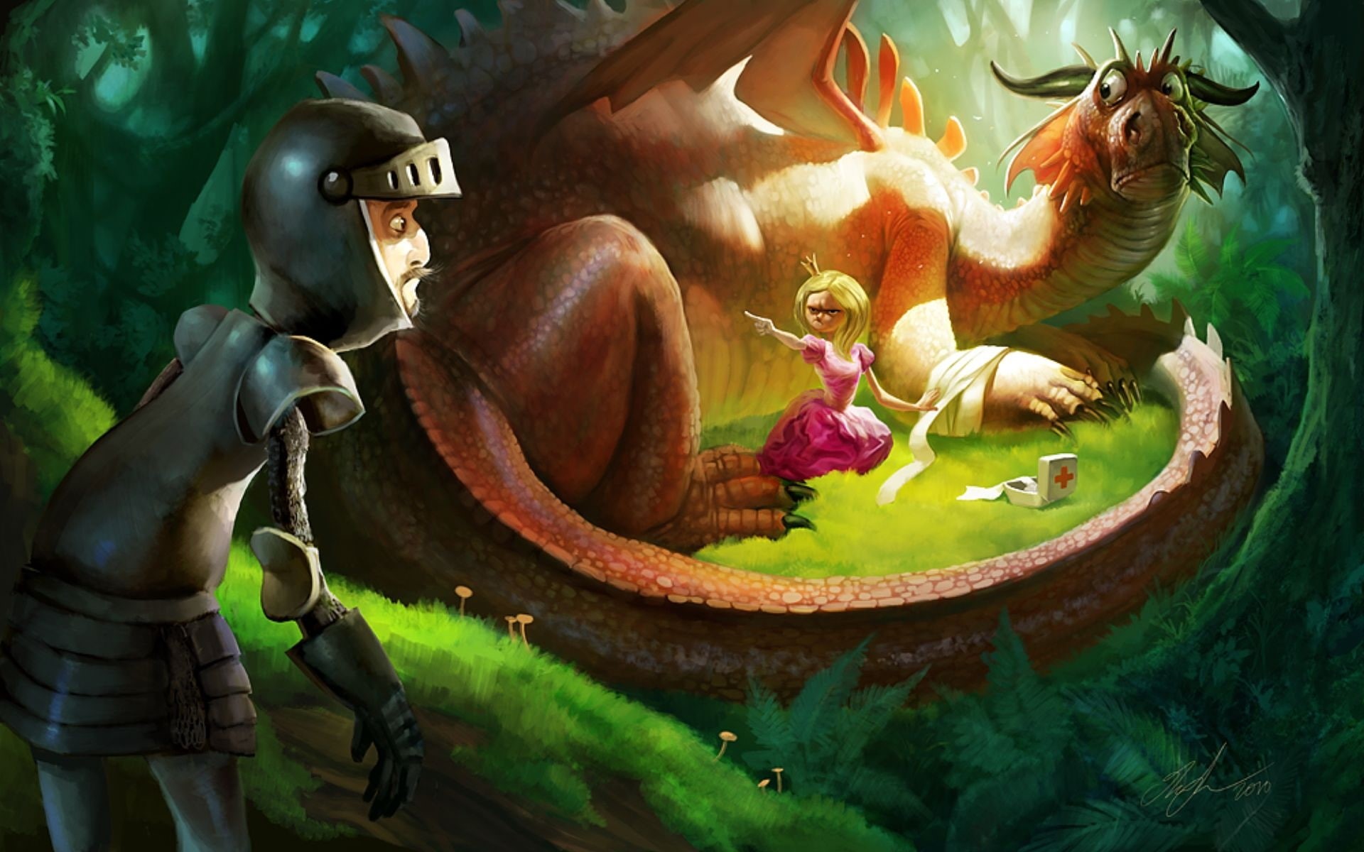 fantasy, armor, princess, knight, dragon, therese larsson, :D, green, luminos, funny, pink, silly beasts, 1080P, HD Wallpaper