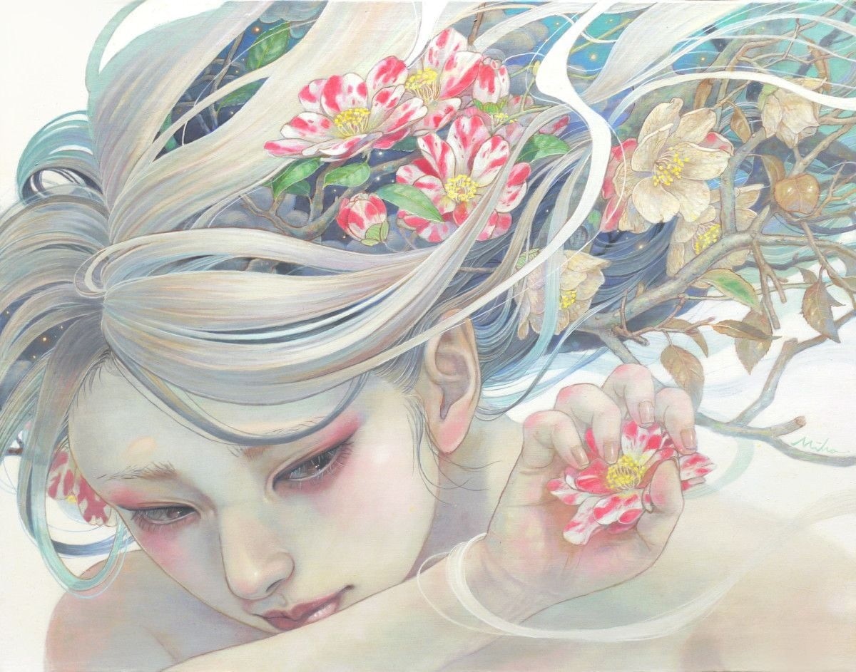 human face, fragility, red, fantasy, one person, blue, vulnerability, women, plant, indoors, art and craft, flowering plant, miho hirano, close-up, portrait, HD Wallpaper